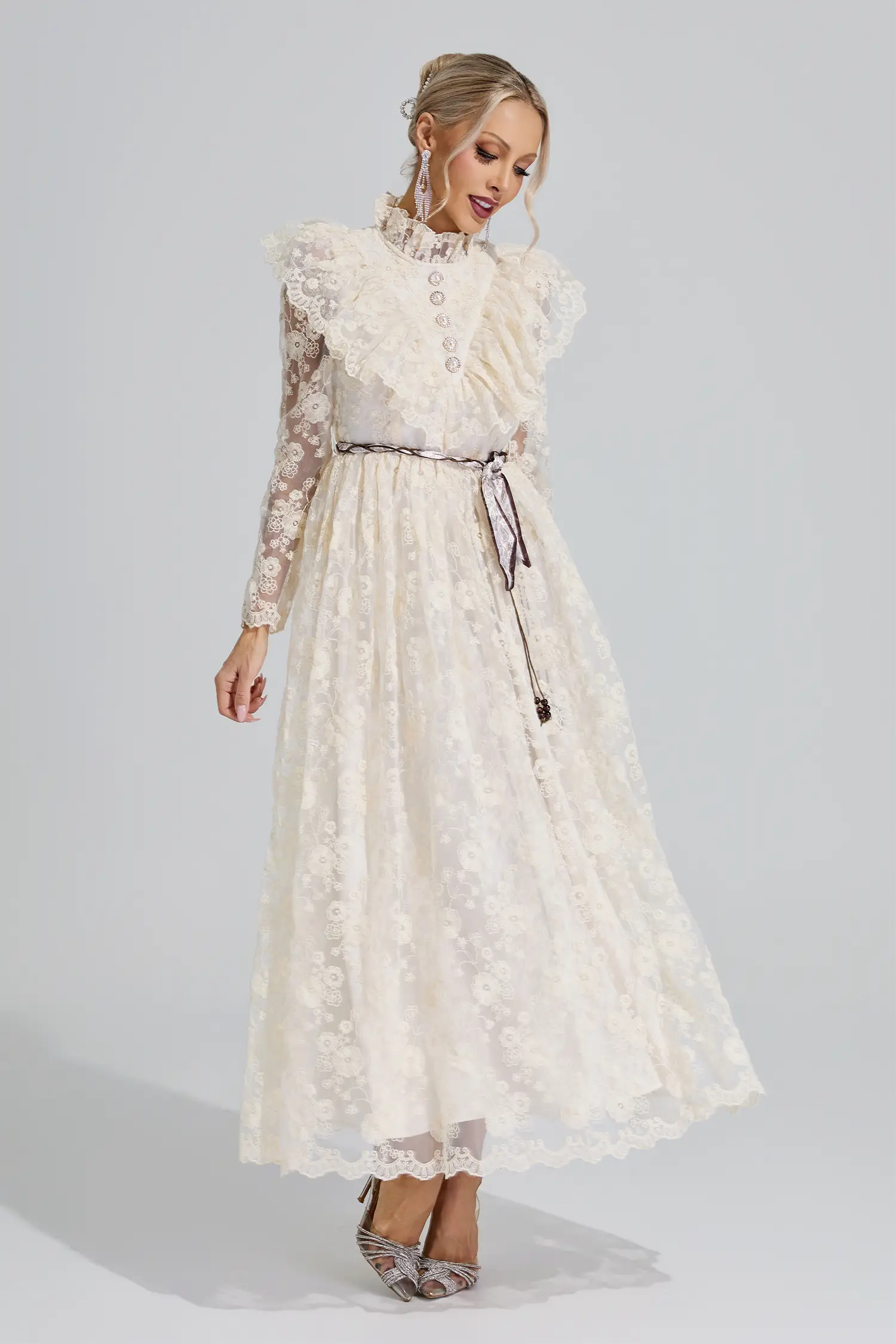Leah Apricot Stand Collar Lace Dress