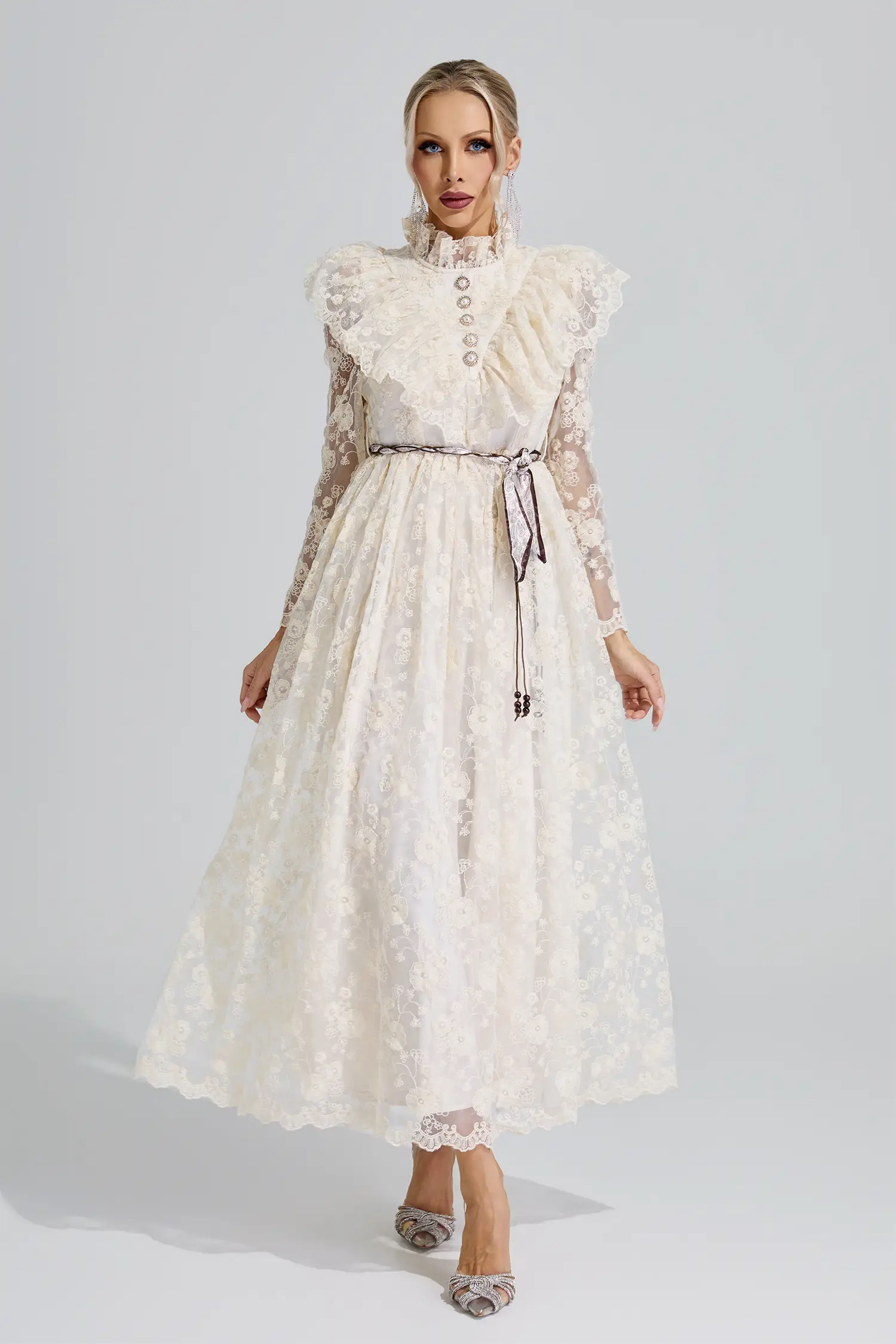 Leah Apricot Stand Collar Lace Dress