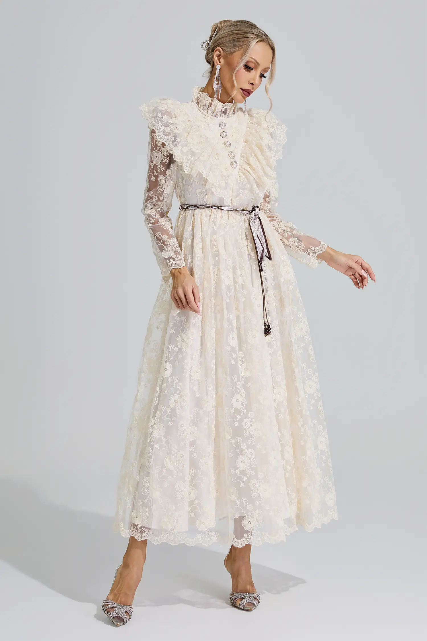 Leah Apricot Stand Collar Lace Dress