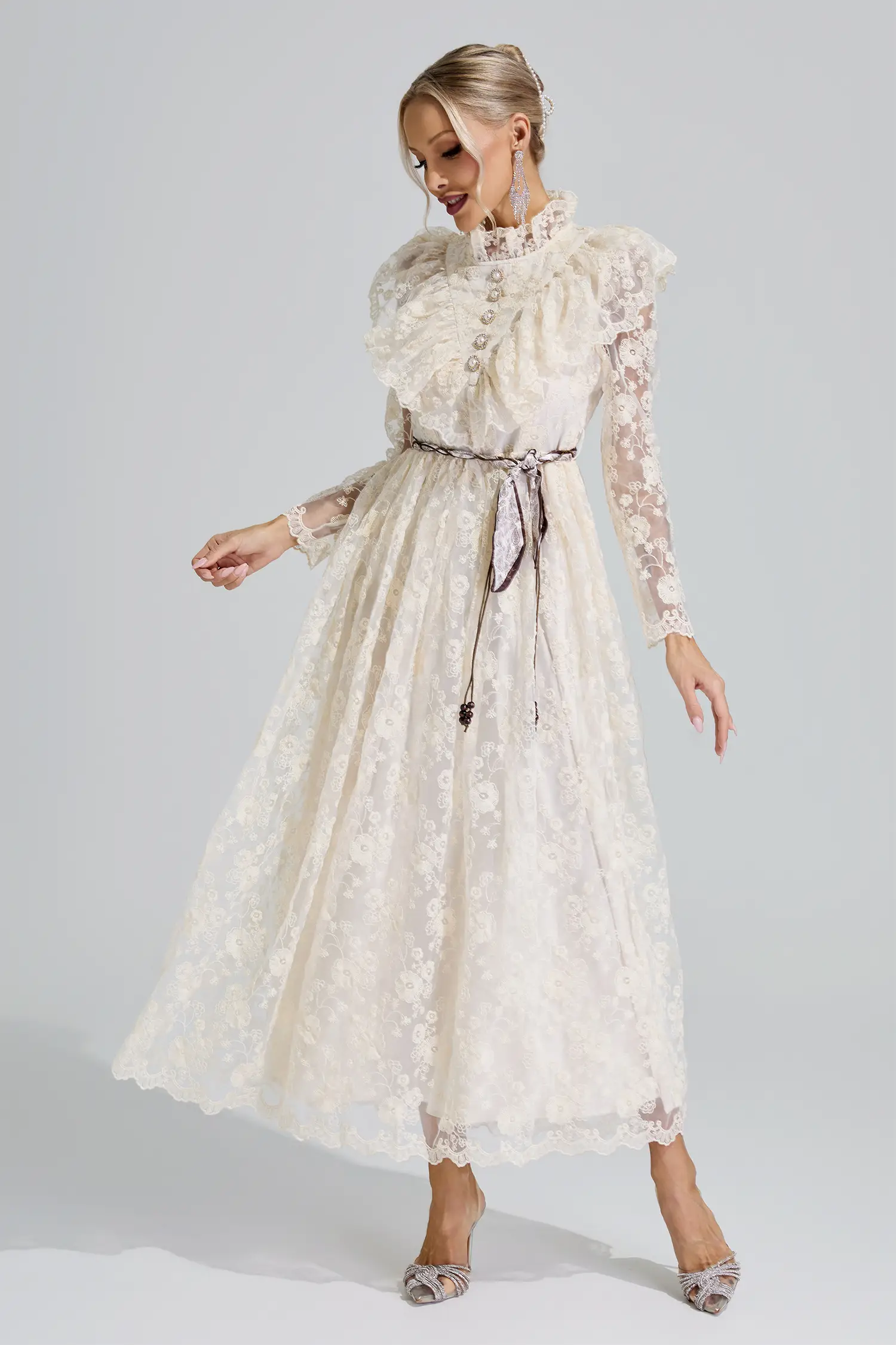 Leah Apricot Stand Collar Lace Dress
