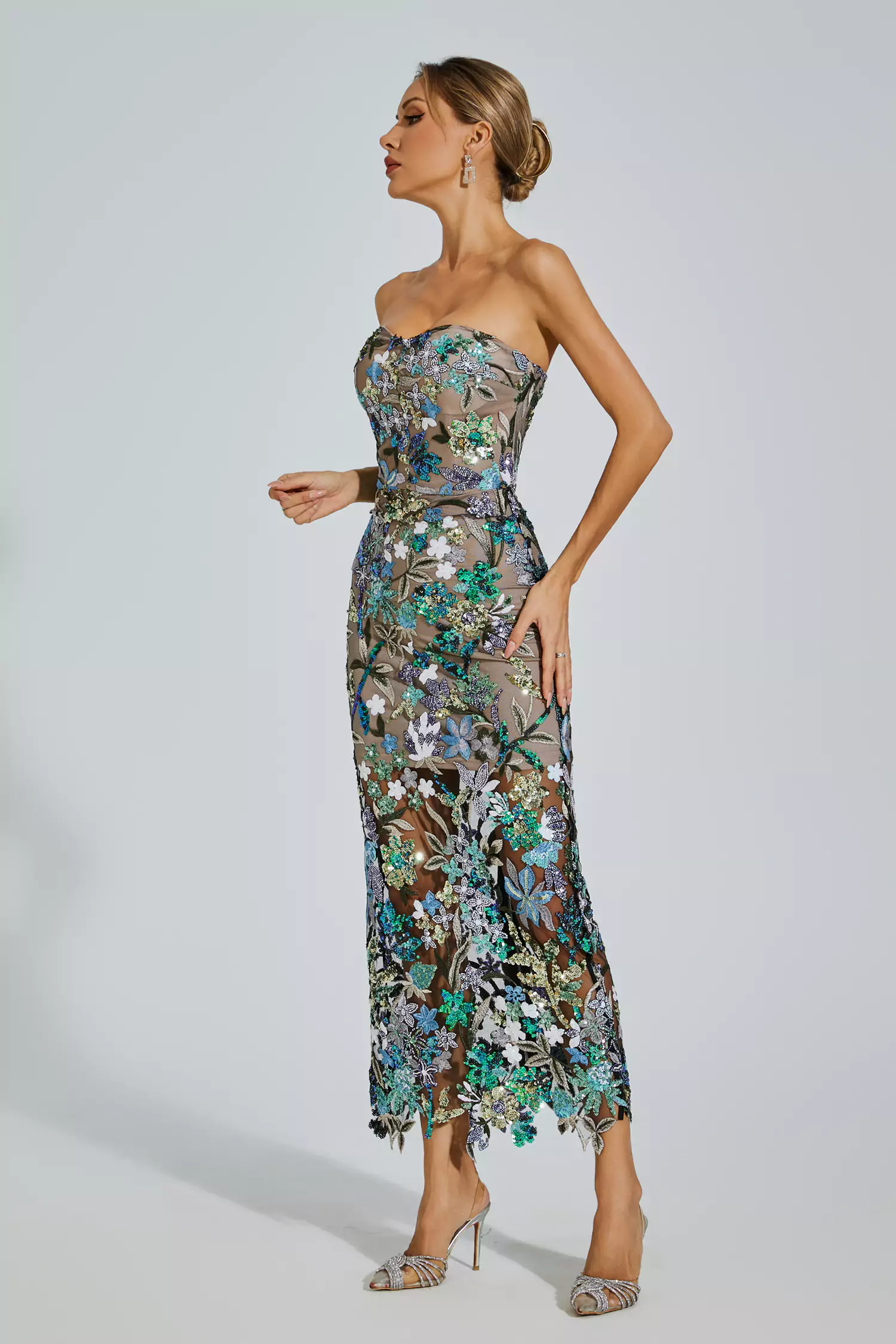 Leanna Blue Flower Embroidered Maxi Dress