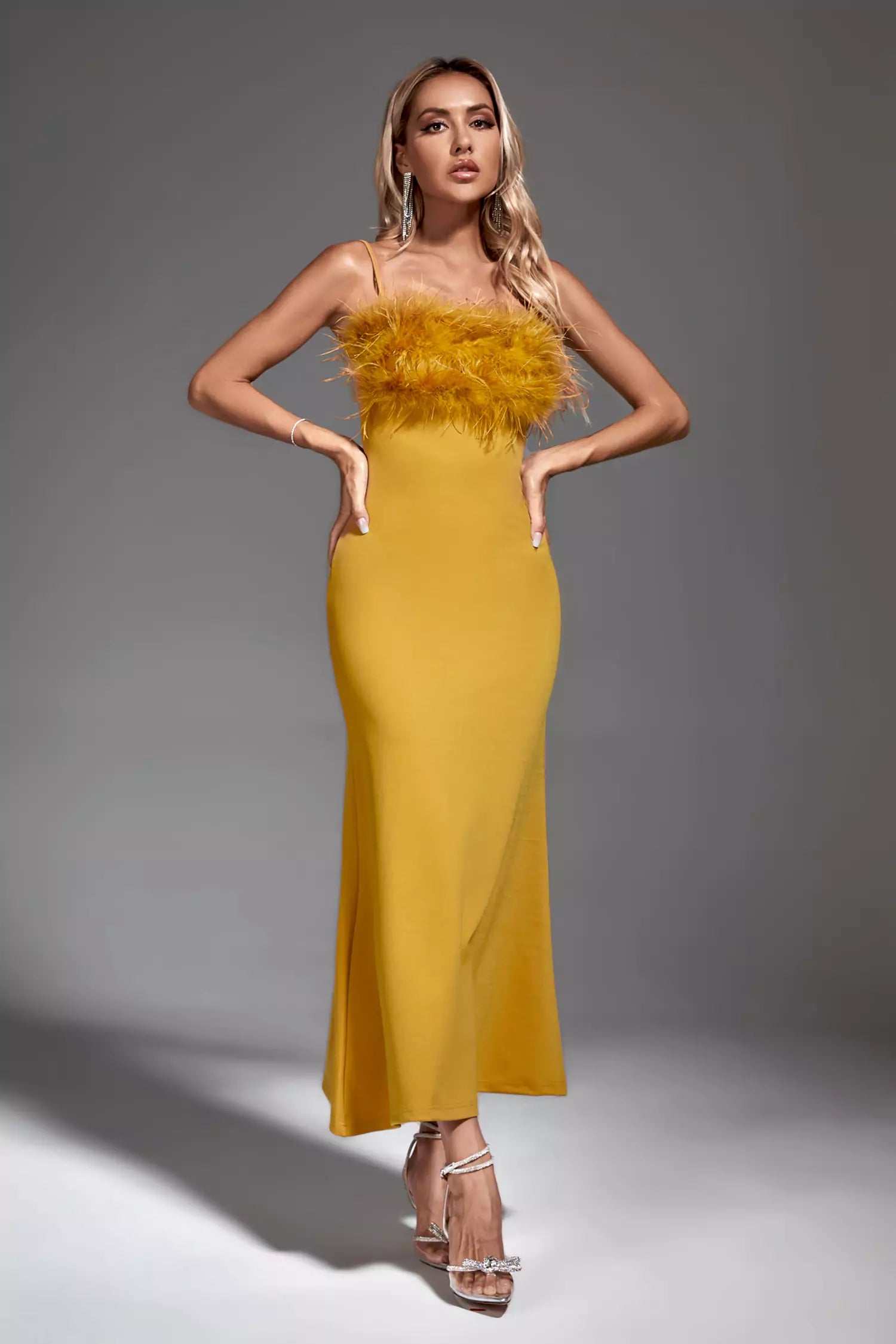 Leighton Yellow Feather Maxi Dress-CATCHALL