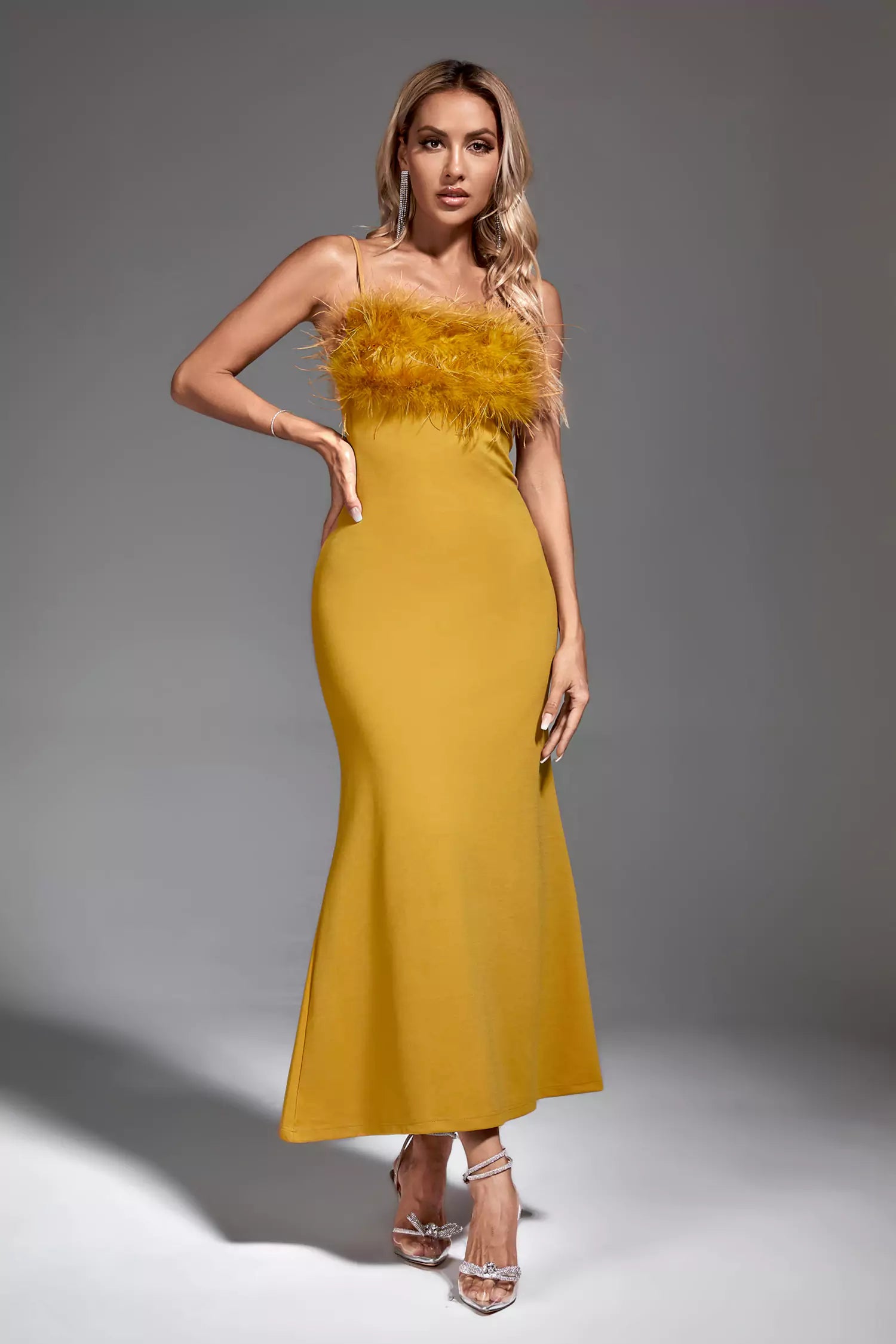 Leighton Yellow Feather Maxi Dress-CATCHALL