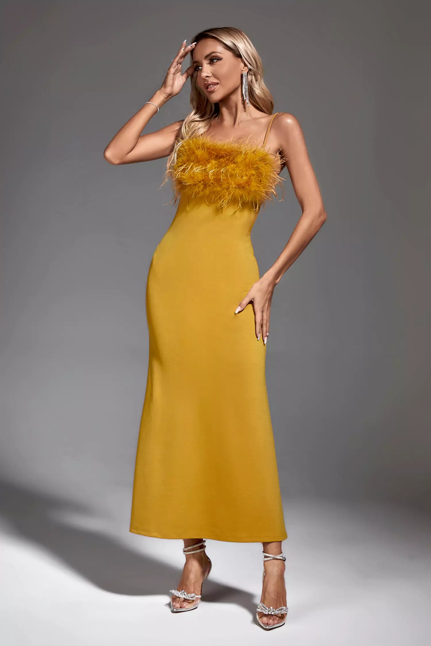 Leighton Yellow Feather Maxi Dress-CATCHALL