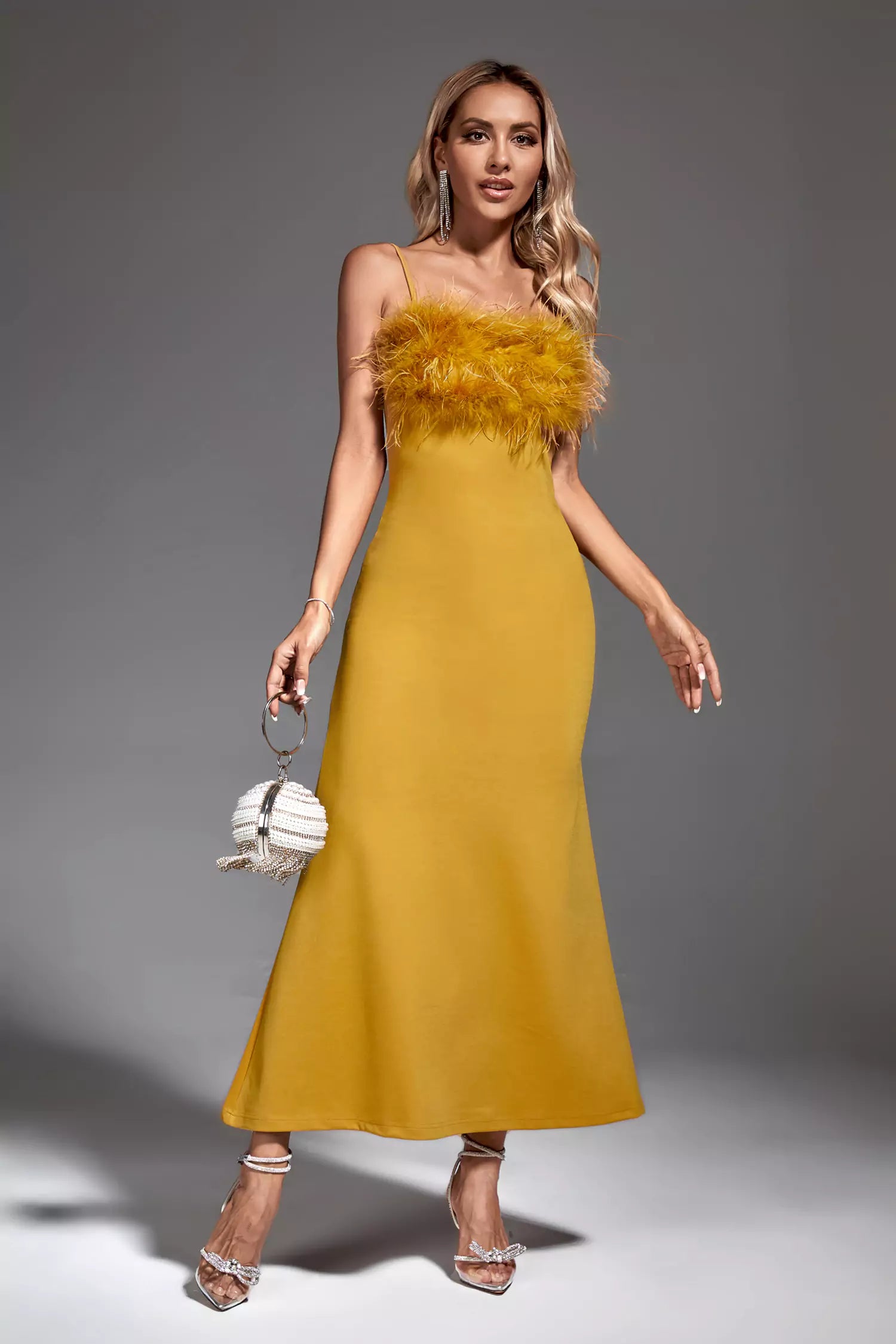 Leighton Yellow Feather Maxi Dress-CATCHALL