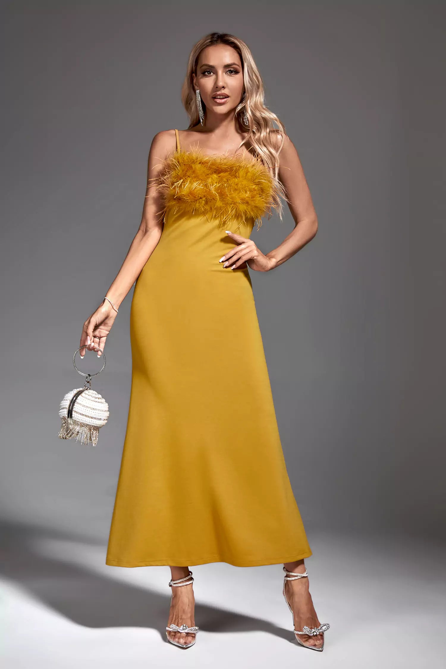 Leighton Yellow Feather Maxi Dress-CATCHALL