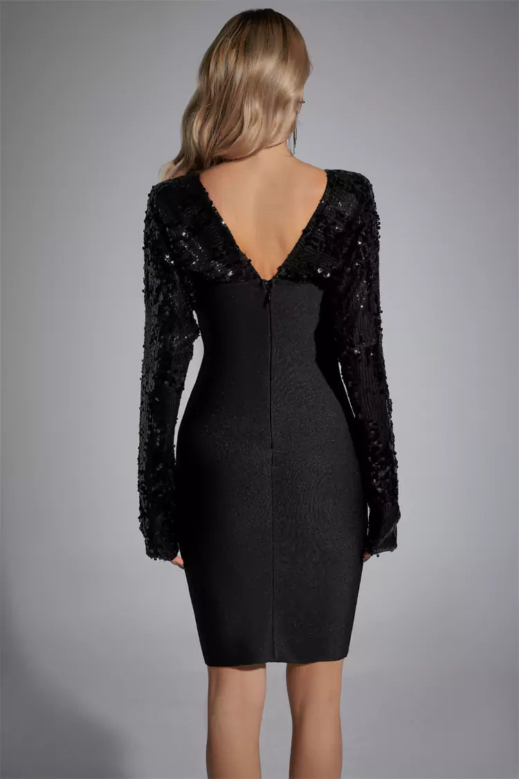 Leila Black Off Shoulder Sequin Mini Dress-CATCHALL