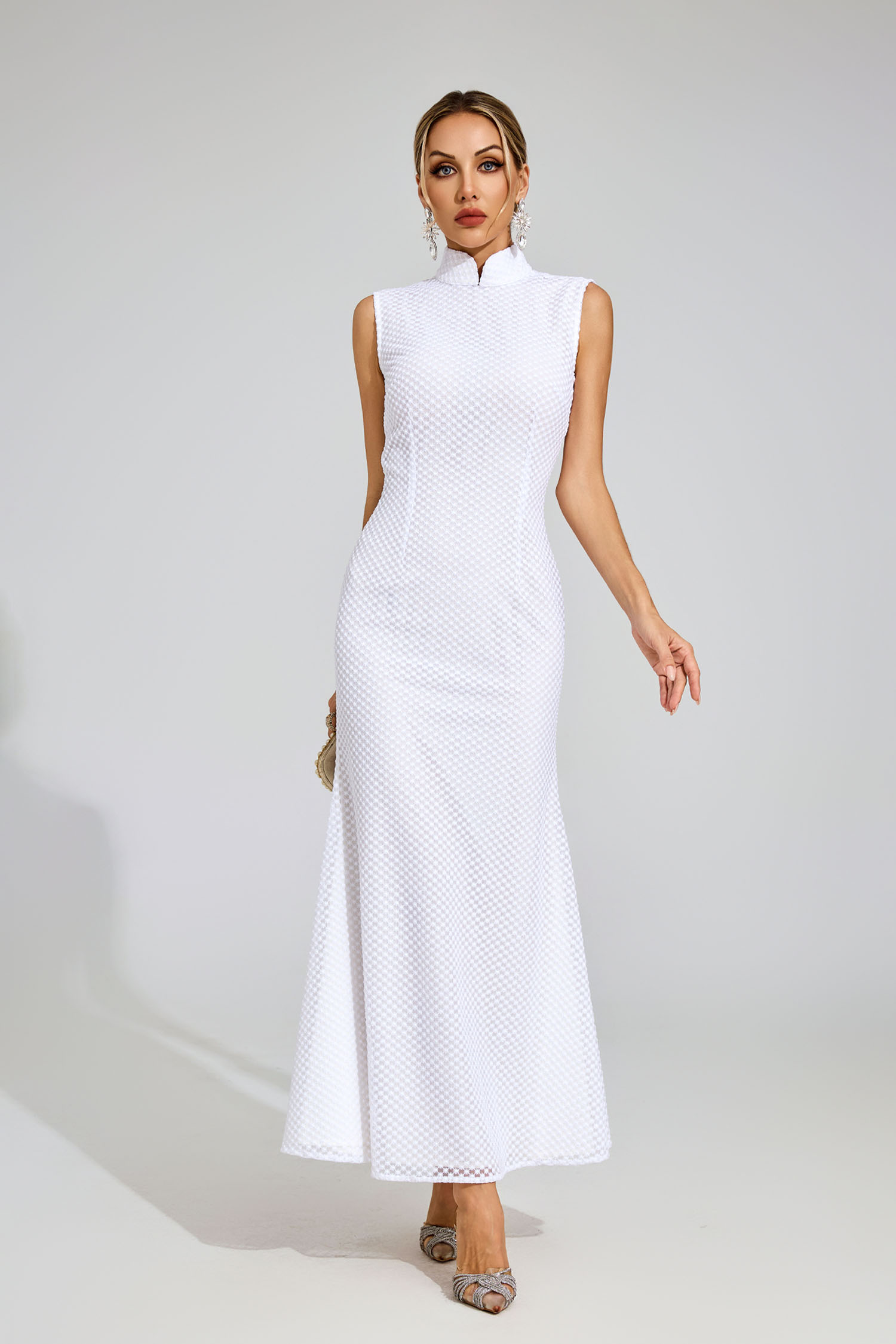Len White Qipao Style Textured Evening Dress