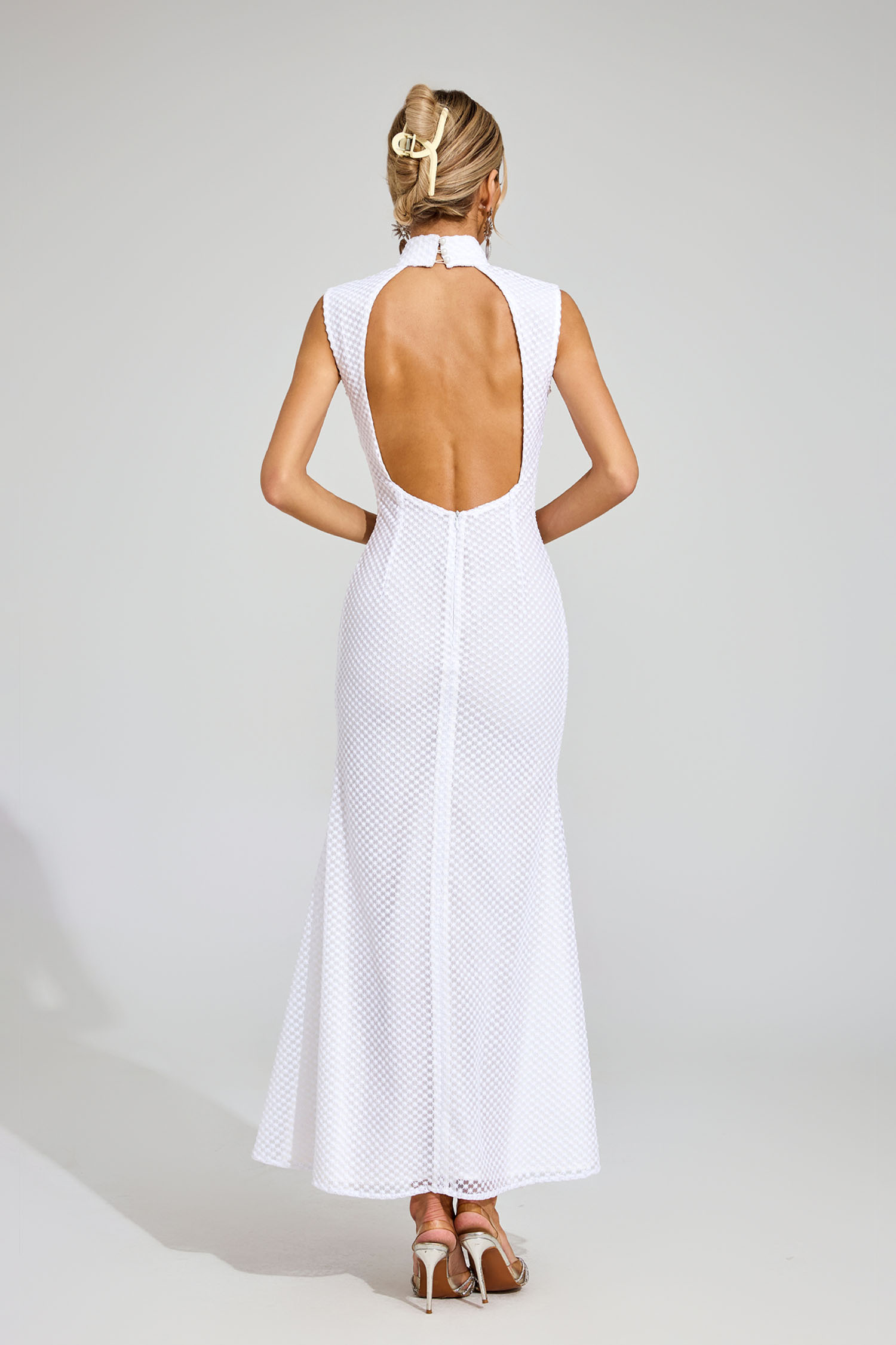 Len White Qipao Style Textured Evening Dress