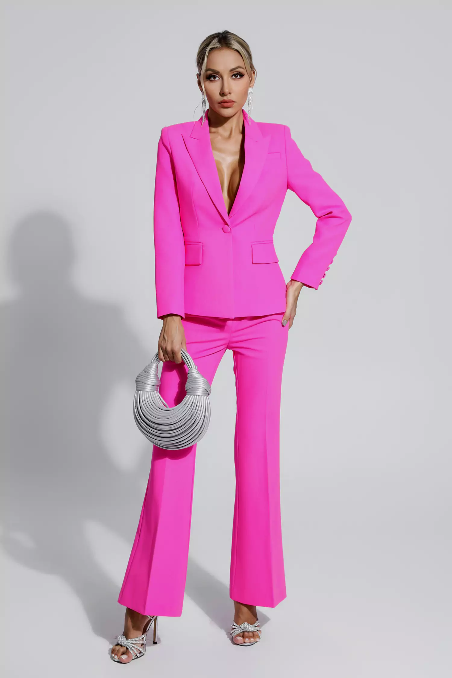 Lennox Pink V-neck Long Sleeve Blazer Set-CATCHALL