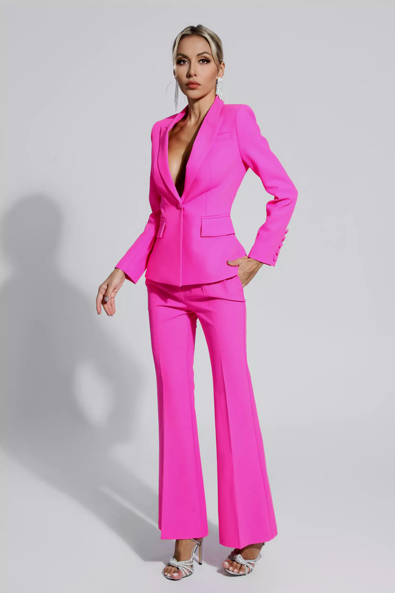 Lennox Pink V-neck Long Sleeve Blazer Set-CATCHALL