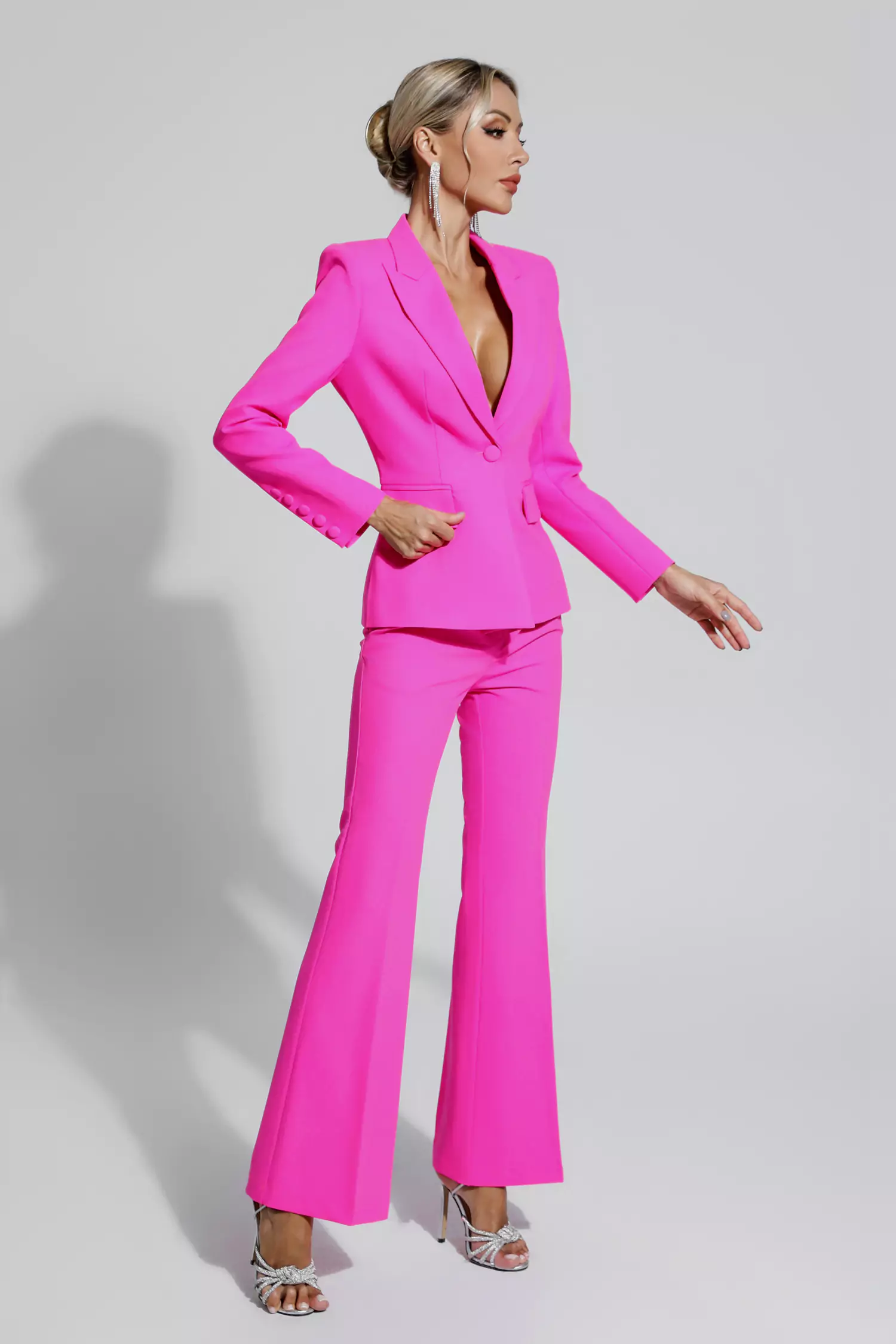 Lennox Pink V-neck Long Sleeve Blazer Set-CATCHALL