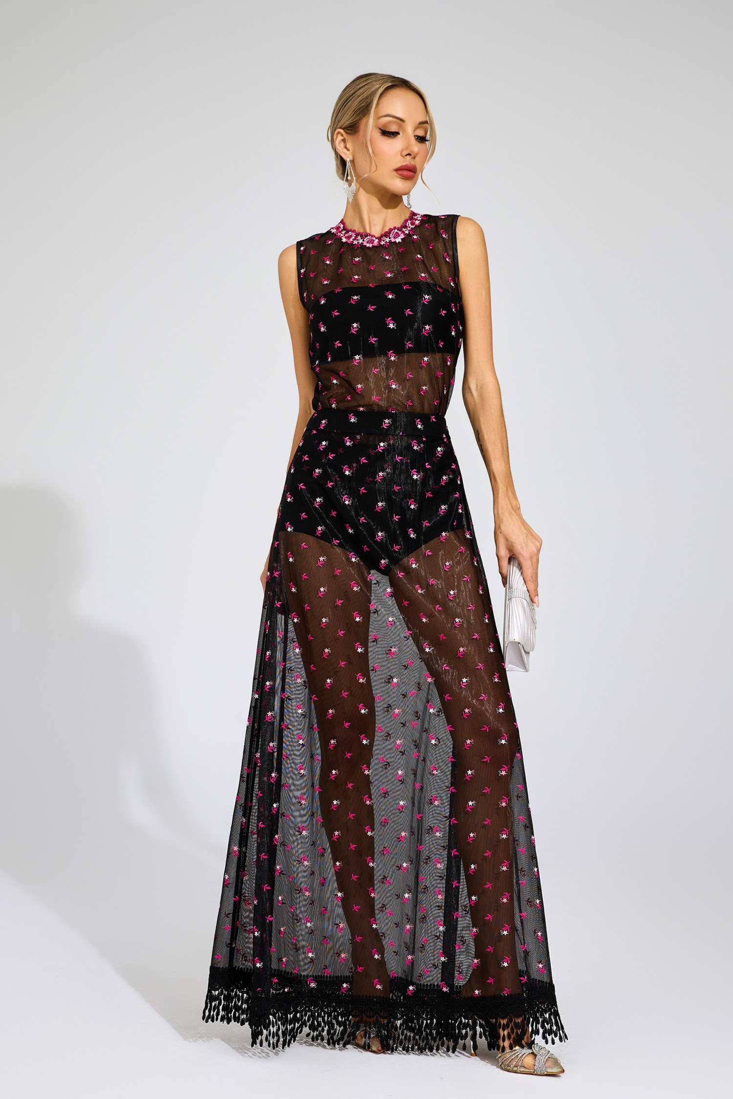 Lew Black Floral Embroidered Sheer Mesh Evening Set