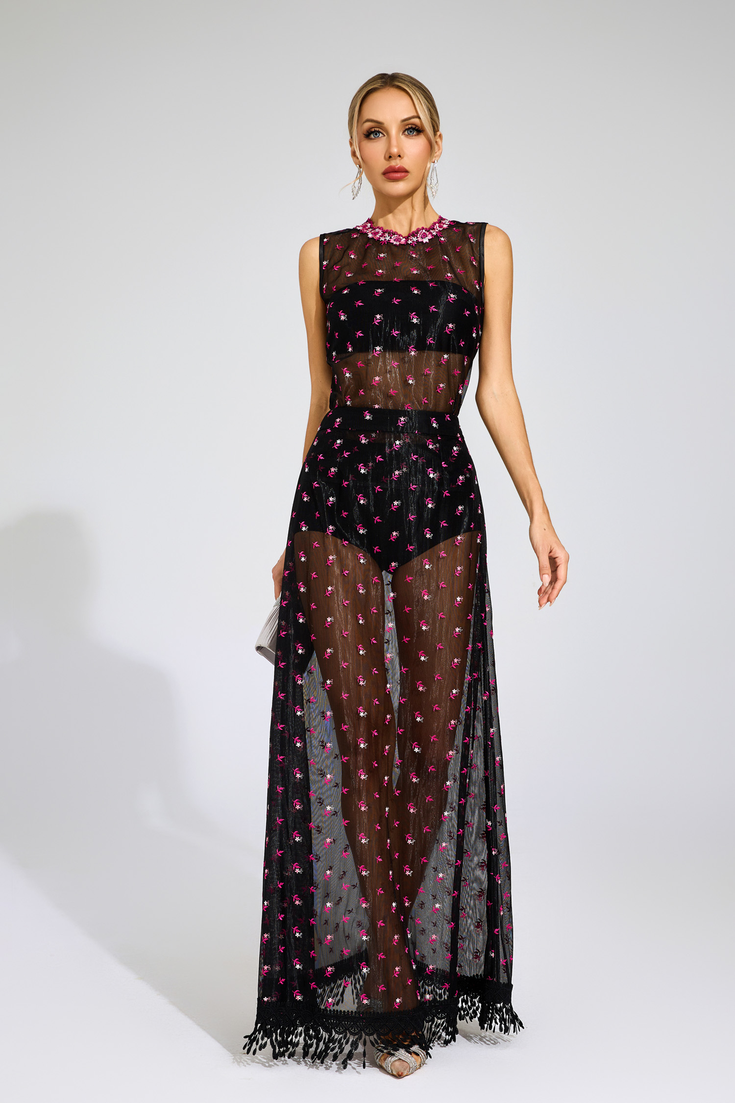 Lew Black Floral Embroidered Sheer Mesh Evening Set