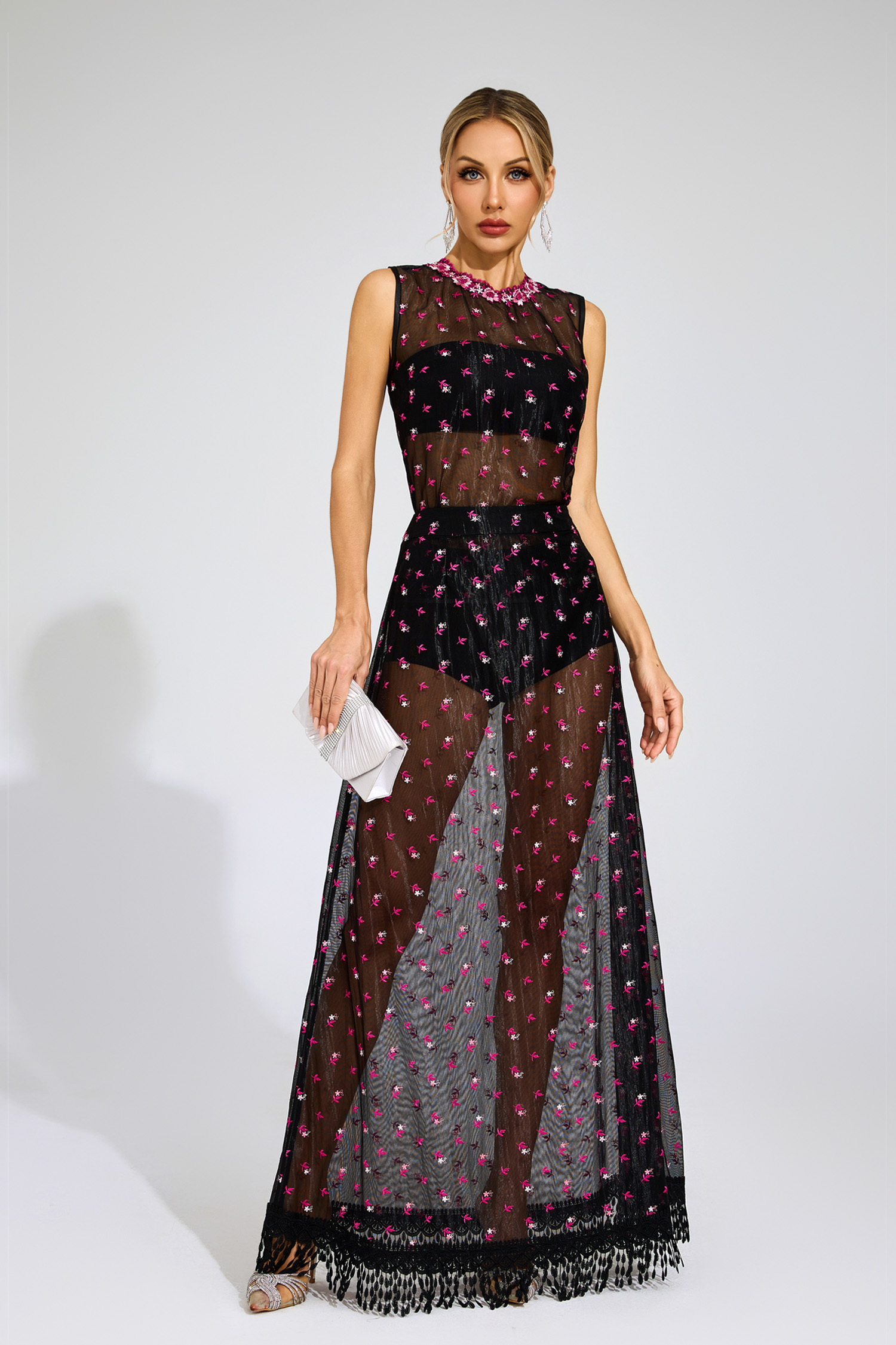 Lew Black Floral Embroidered Sheer Mesh Evening Set