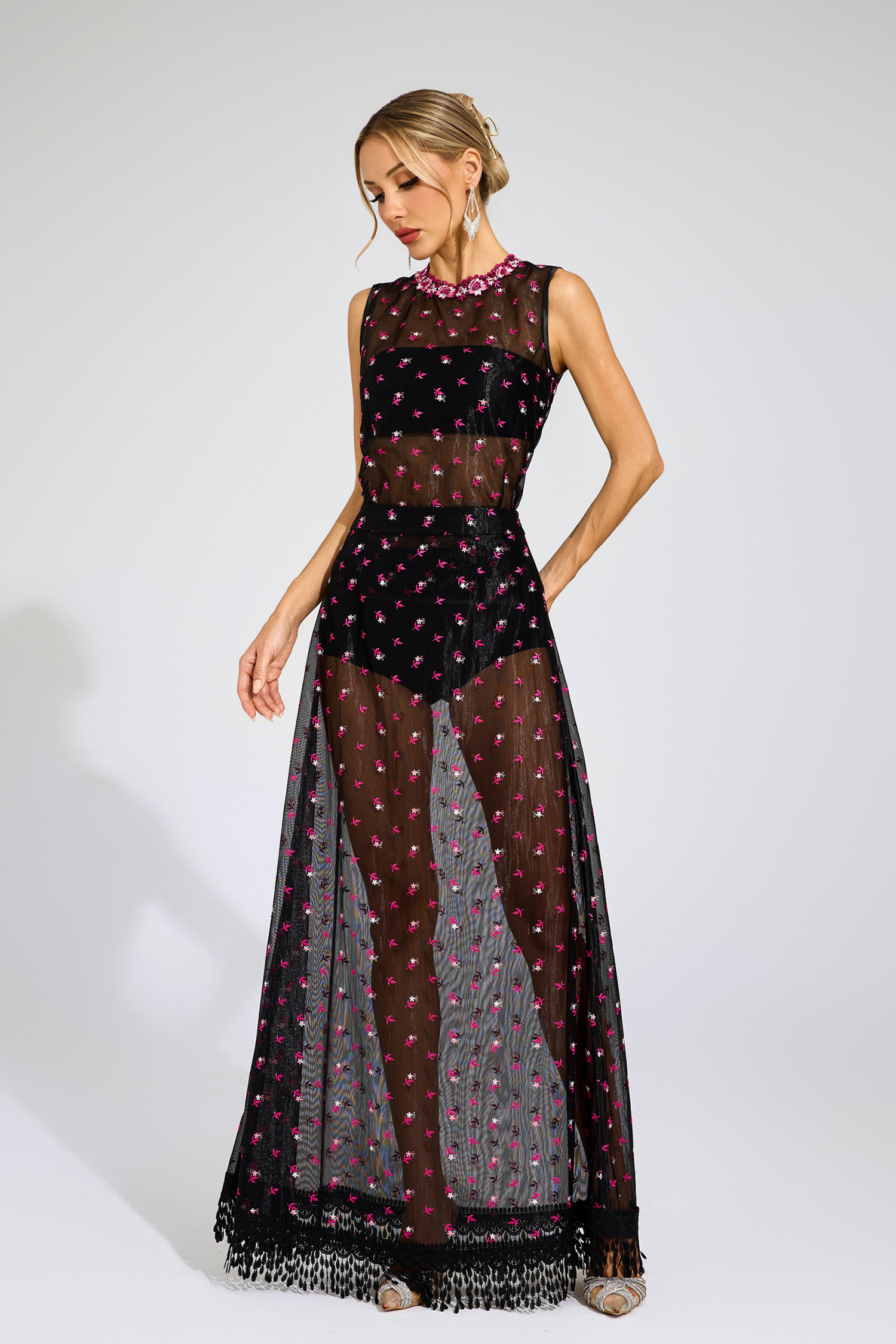 Lew Black Floral Embroidered Sheer Mesh Evening Set