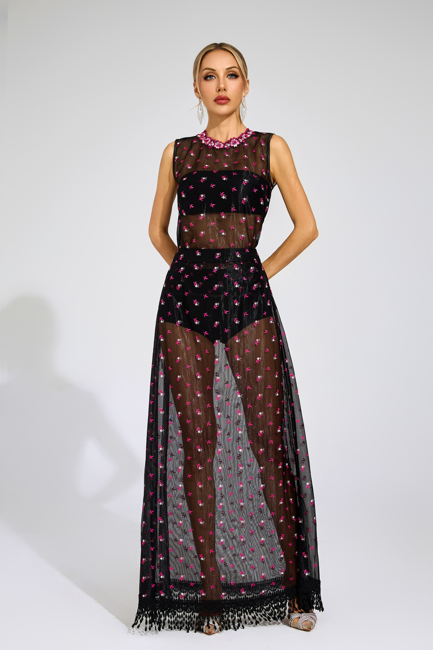 Lew Black Floral Embroidered Sheer Mesh Evening Set