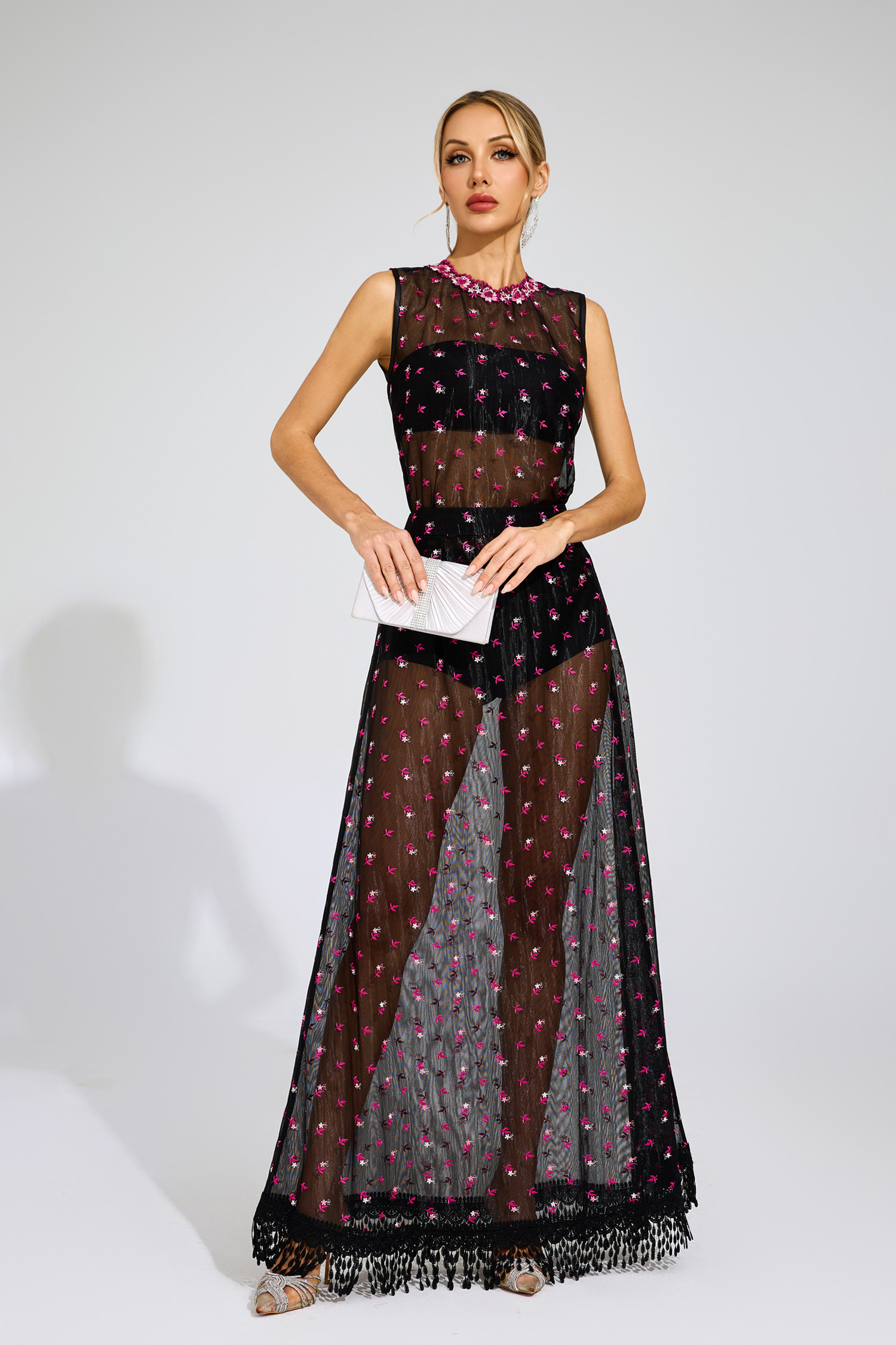 Lew Black Floral Embroidered Sheer Mesh Evening Set