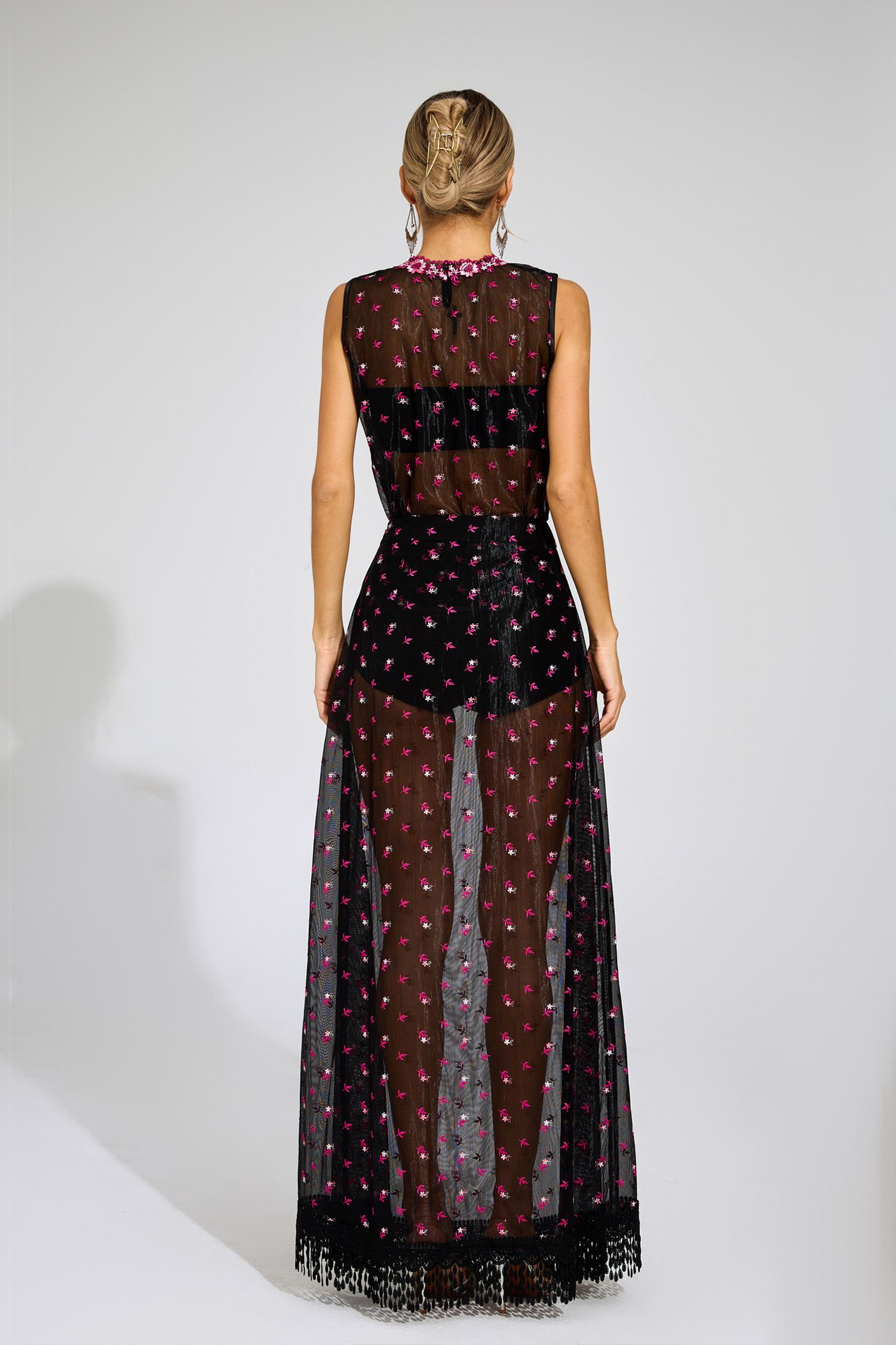 Lew Black Floral Embroidered Sheer Mesh Evening Set