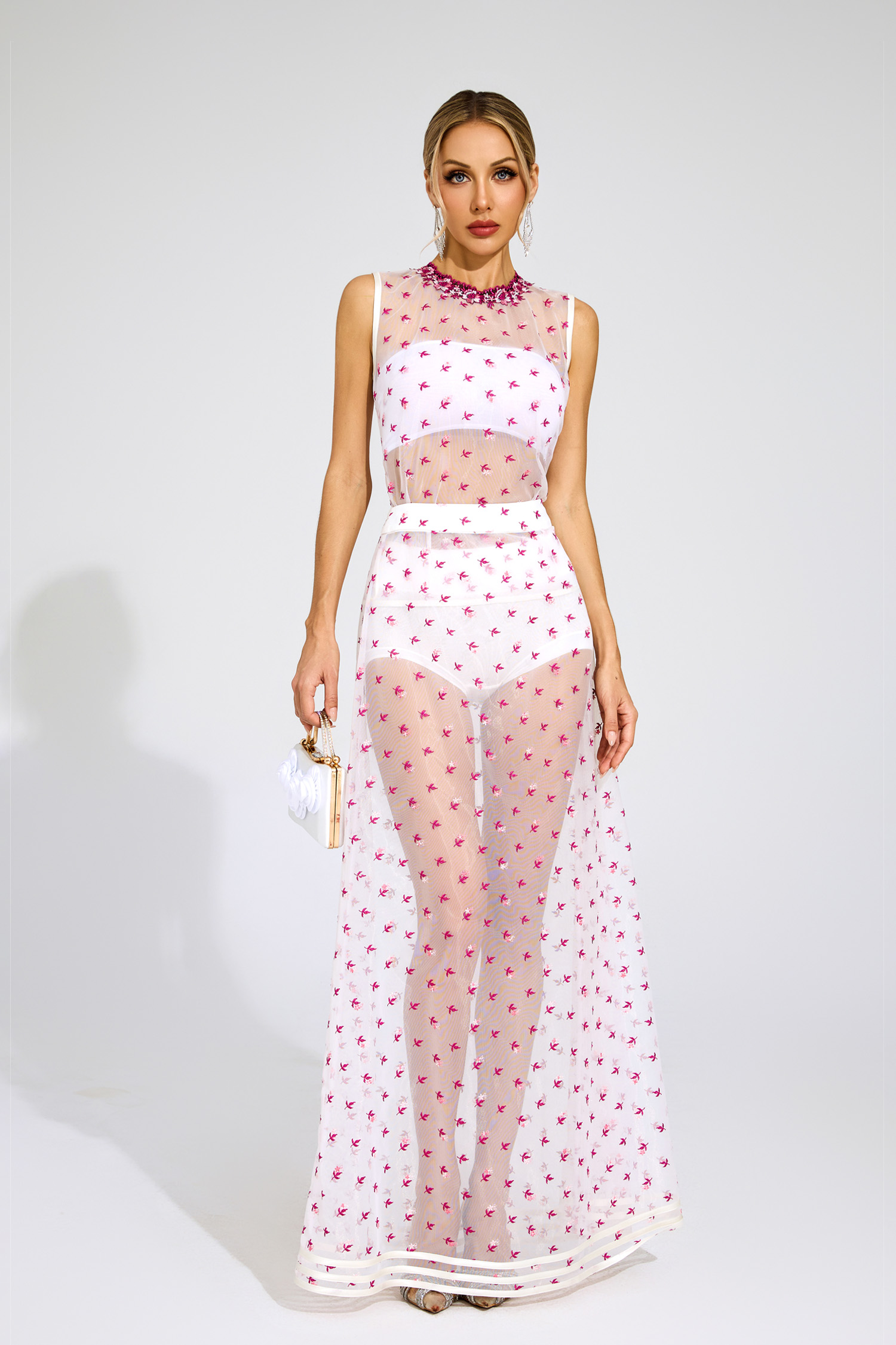 Lew White Floral Embroidered Sheer Mesh Evening Set