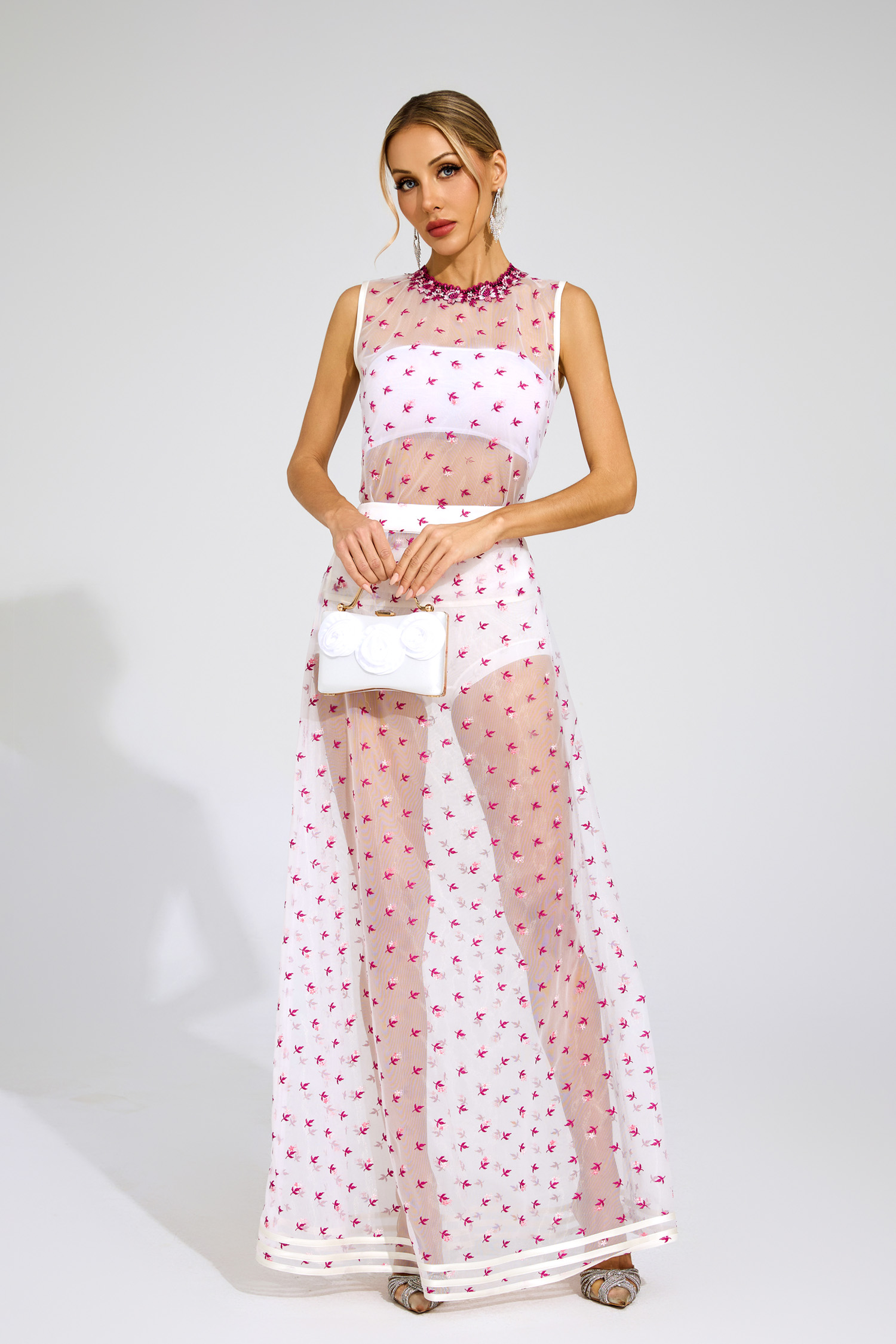 Lew White Floral Embroidered Sheer Mesh Evening Set