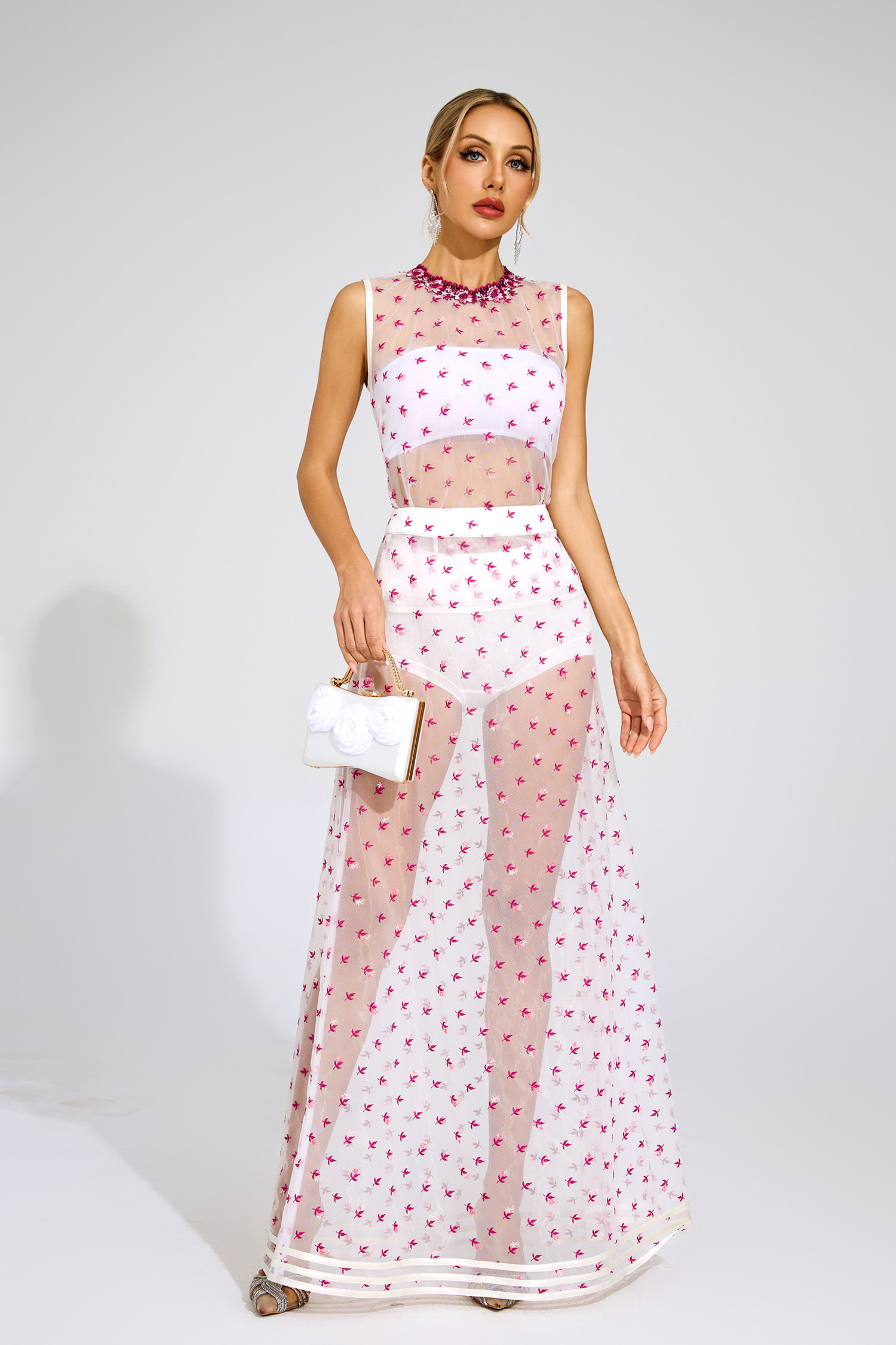 Lew White Floral Embroidered Sheer Mesh Evening Set