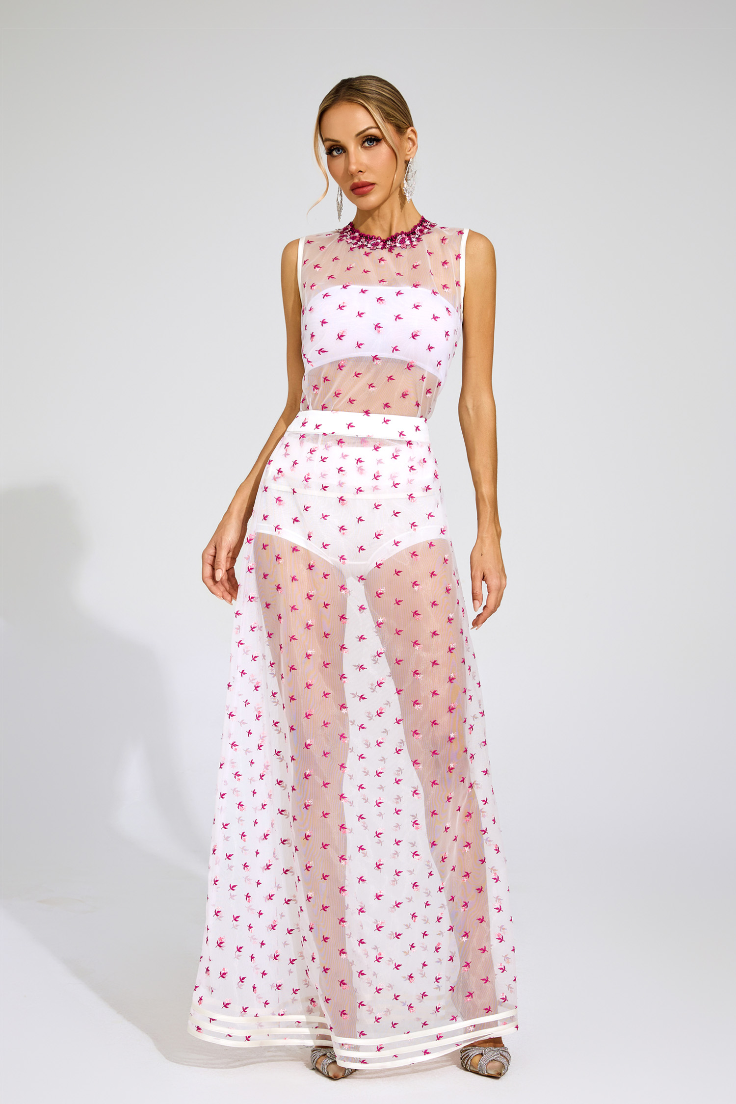 Lew White Floral Embroidered Sheer Mesh Evening Set