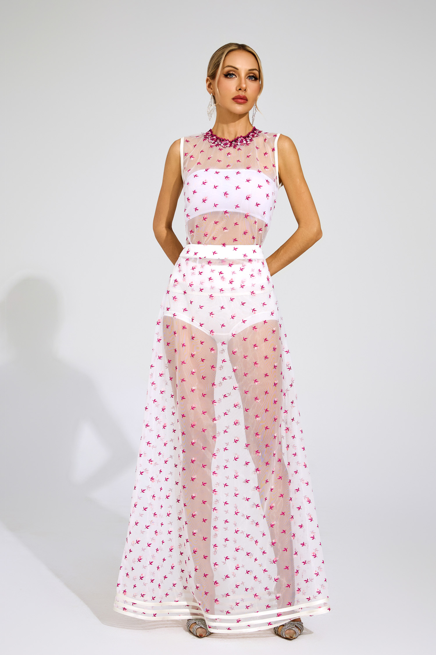 Lew White Floral Embroidered Sheer Mesh Evening Set