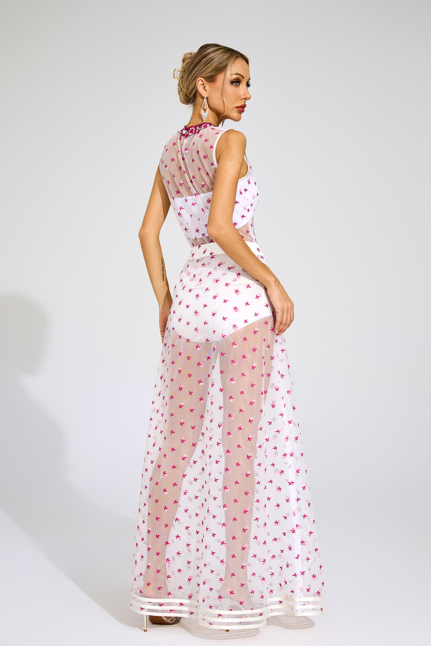 Lew White Floral Embroidered Sheer Mesh Evening Set