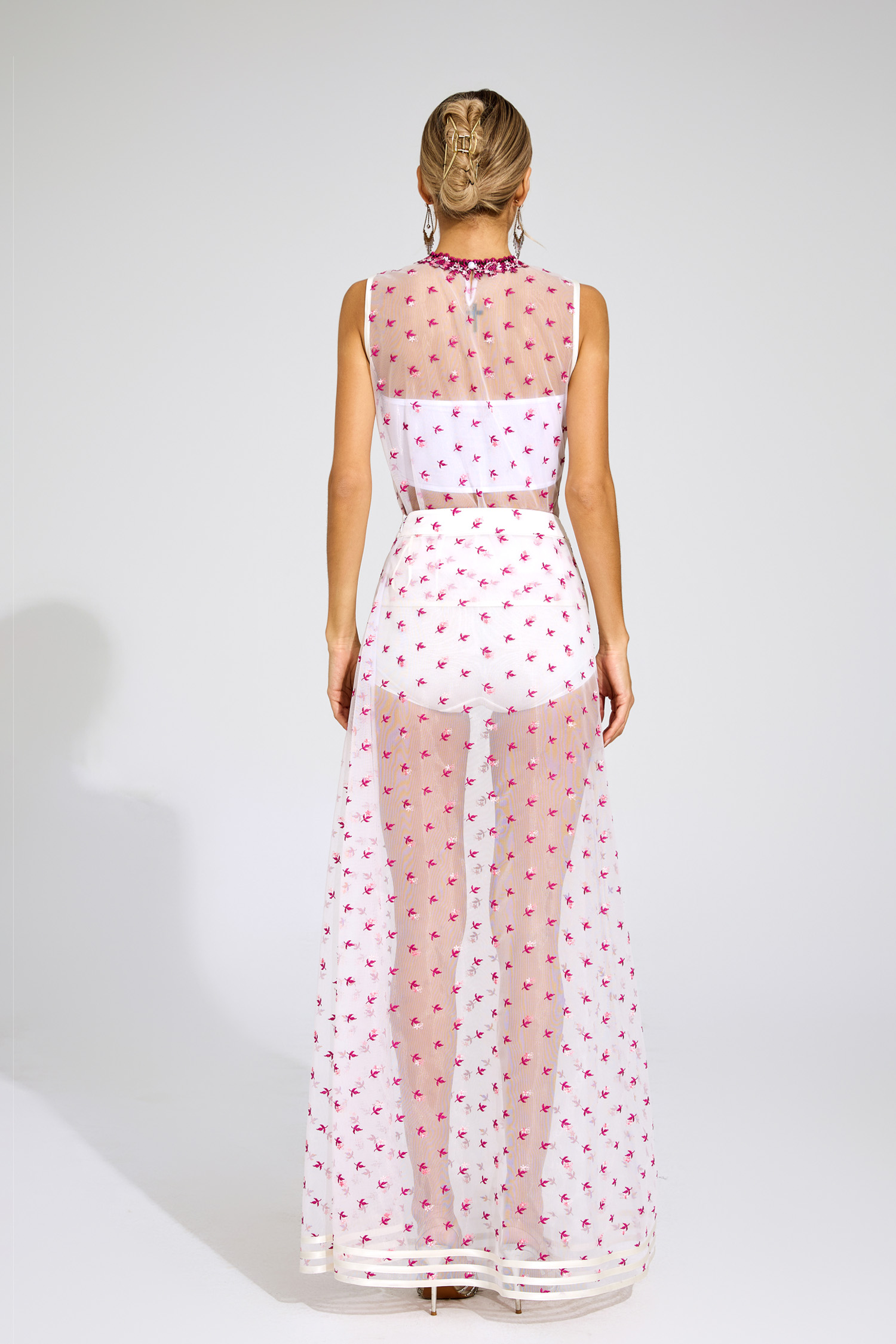 Lew White Floral Embroidered Sheer Mesh Evening Set