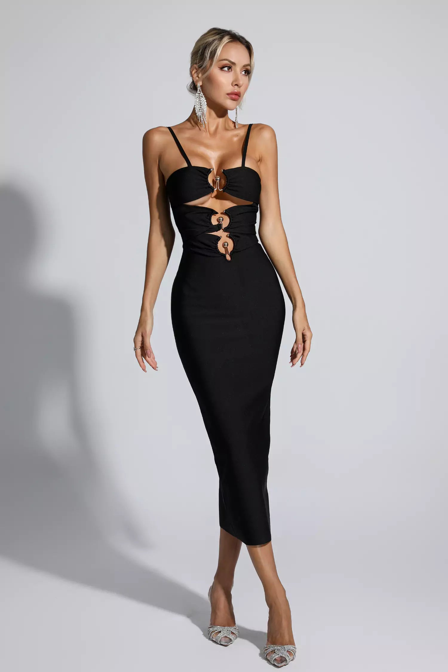 Liana Black Hollow Out Bandage Midi Dress-CATCHALL