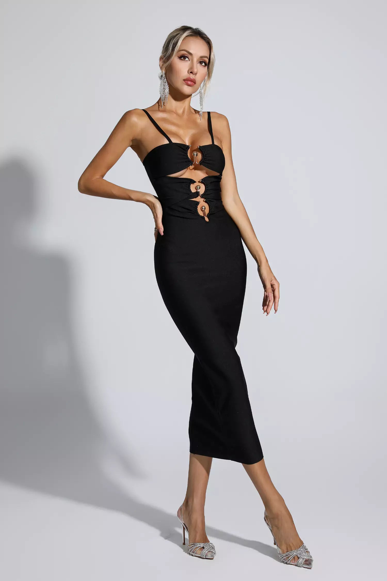 Liana Black Hollow Out Bandage Midi Dress-CATCHALL