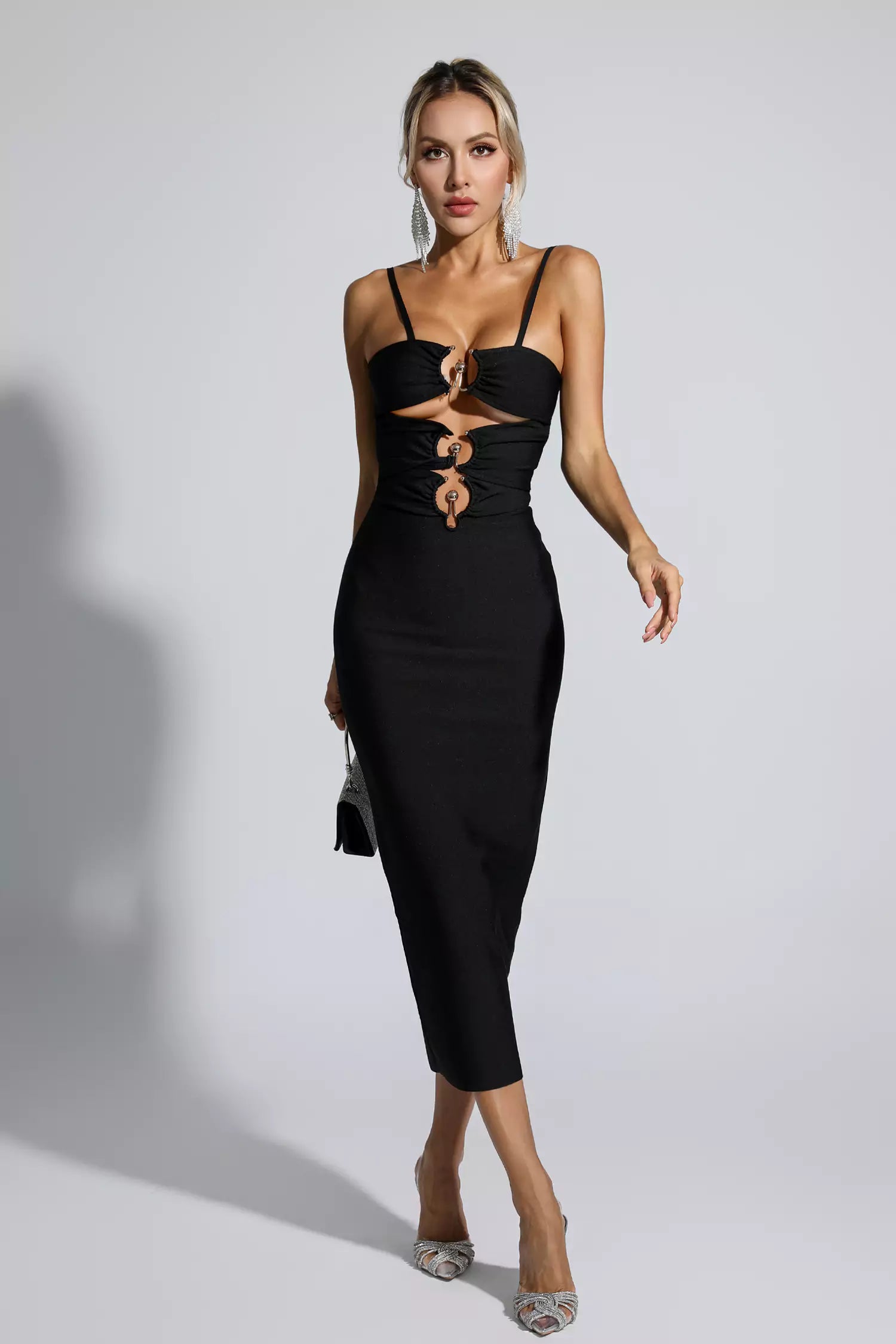 Liana Black Hollow Out Bandage Midi Dress-CATCHALL
