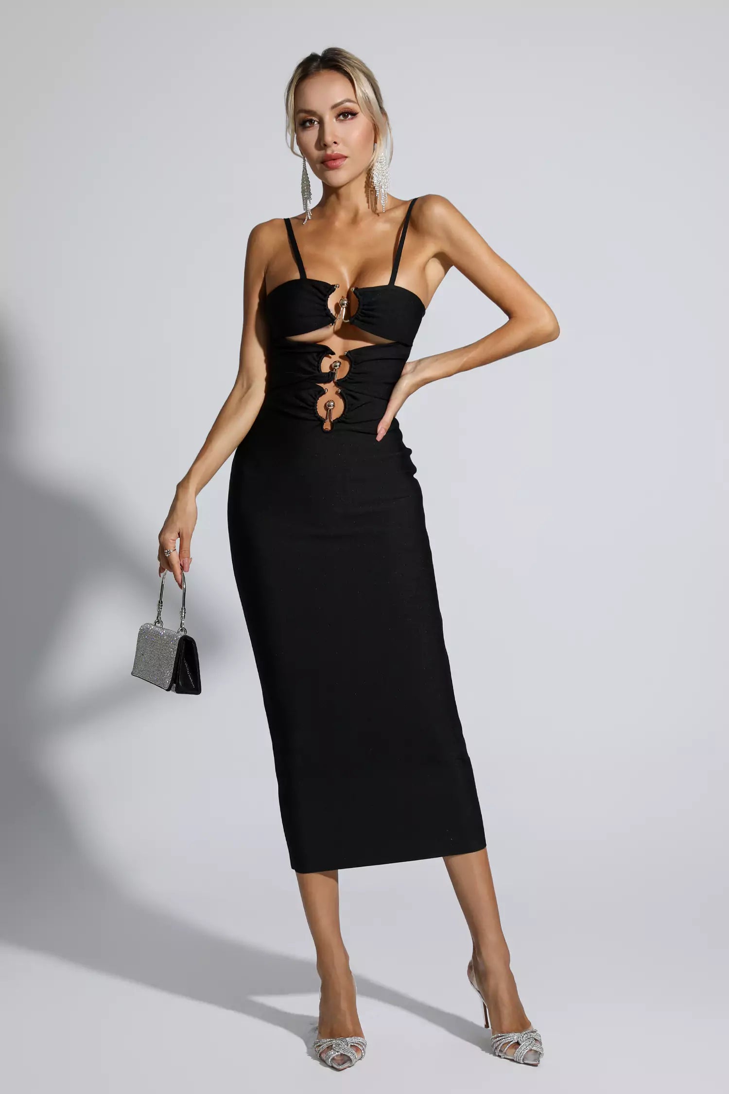 Liana Black Hollow Out Bandage Midi Dress-CATCHALL