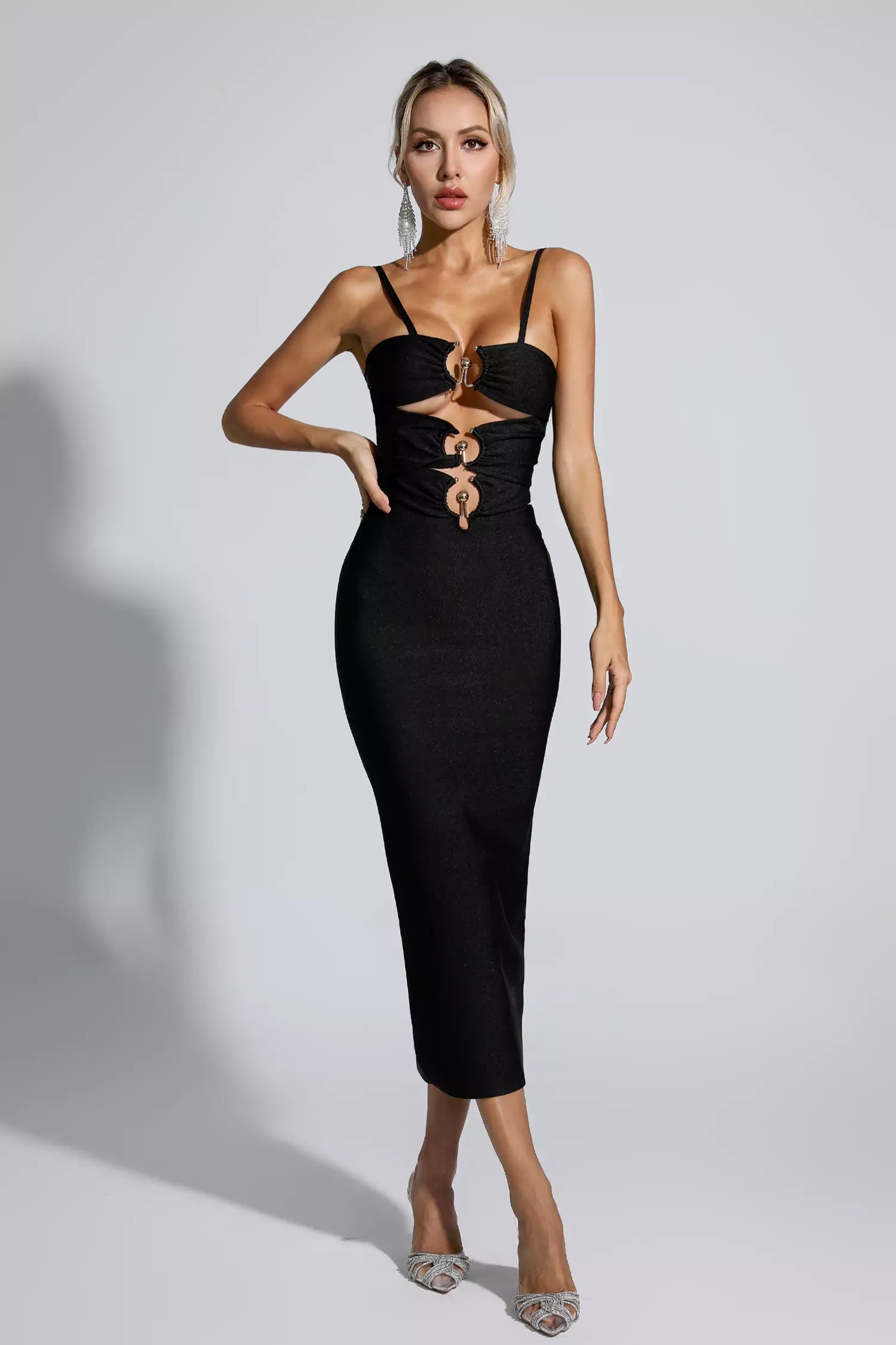 Liana Black Hollow Out Bandage Midi Dress-CATCHALL
