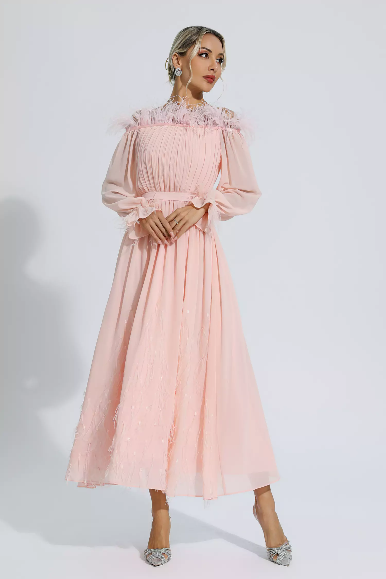 Lilian Pink One Shoulder Feather Long Sleeve Dress