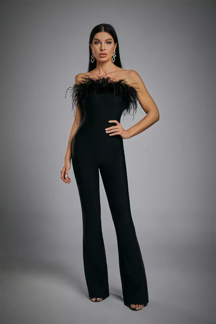 2023 Sexy Hollow Out Spaghetti Strap Boot Cut Black Bandage Jumpsuit Fashion's Sexy Woman Evening Party Outfit