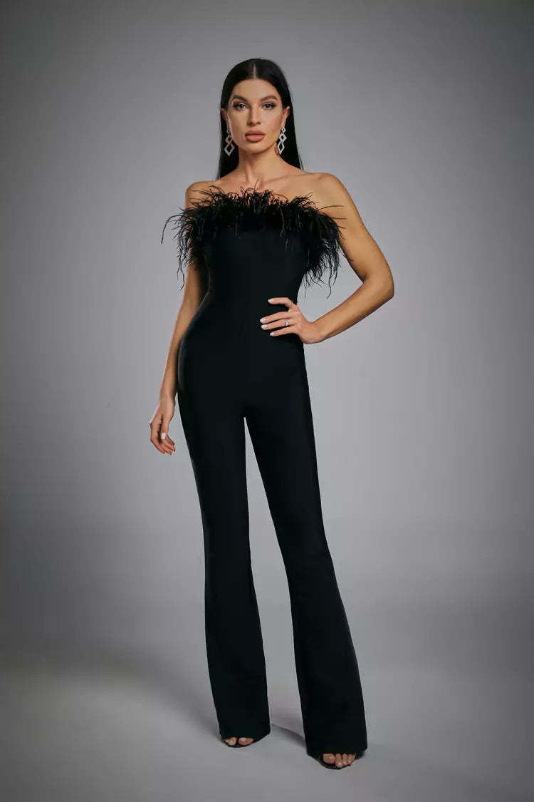 2024 Sexy Women's Black Bandage jumpsuit Tassel Dress Strapless Sleeveless Slim Fit Long Dresses Cocktail Evening Party Vestidos