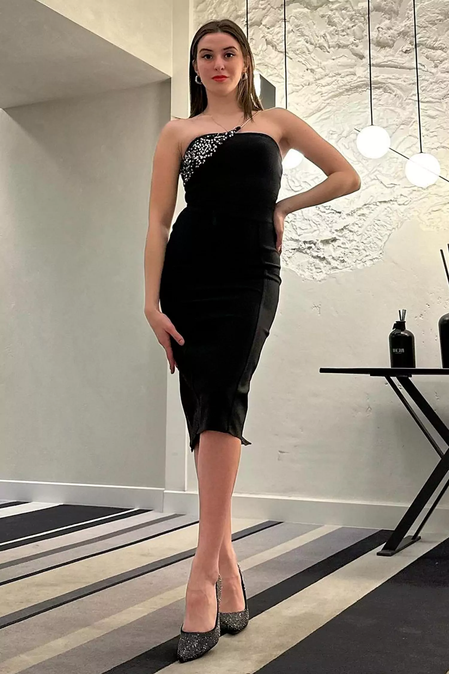 Lillian One Shoulder Diamante Dress-Black