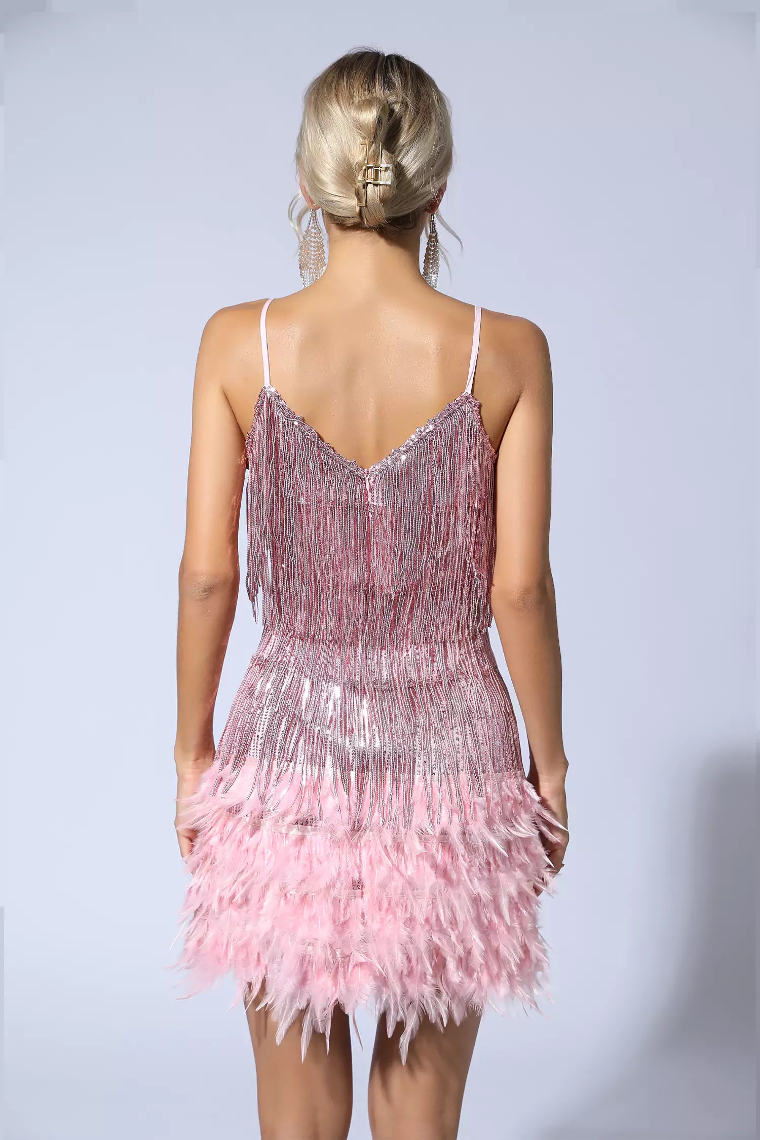 Lilliana Pink Feather Tassel Sequin Mini Dress-CATCHALL