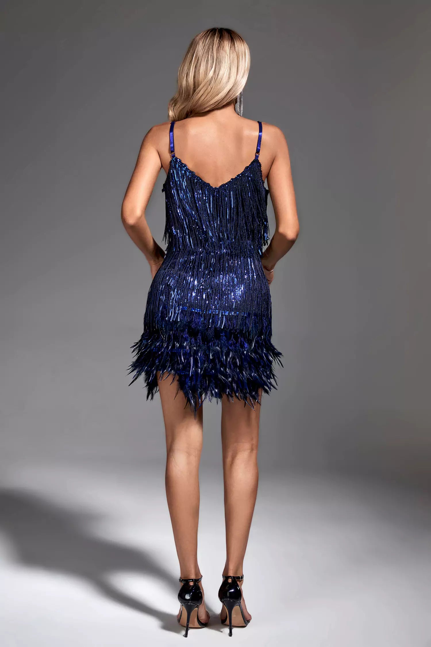 Lilliana Blue Feather Tassel Sequin Mini Dress-CATCHALL