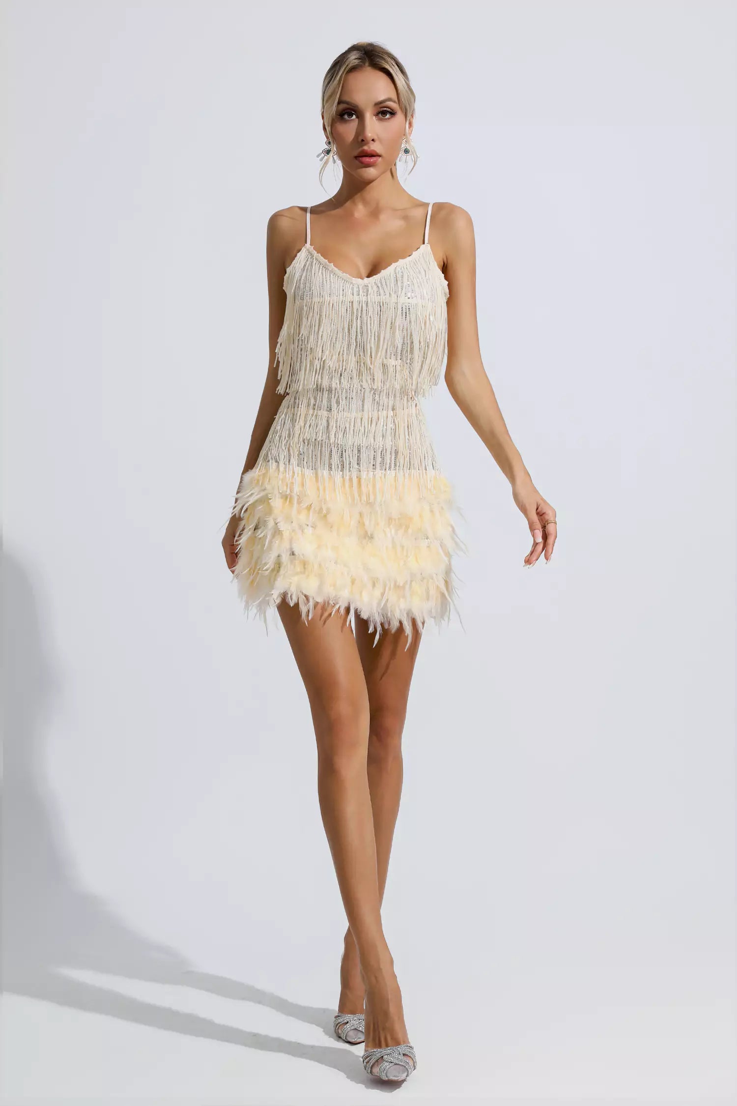 Lilliana Champagne Feather Tassel Sequin Mini Dress-CATCHALL