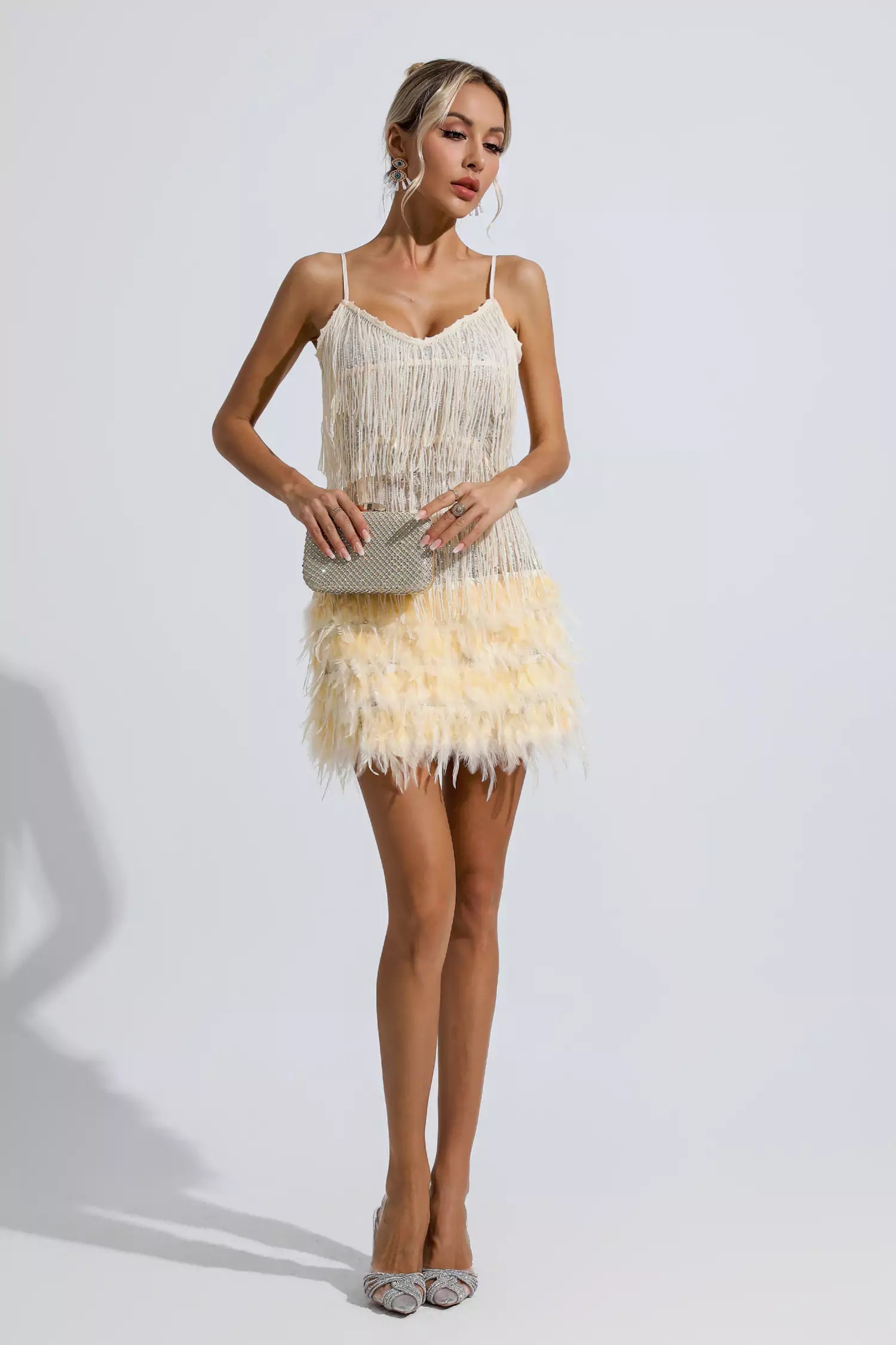 Lilliana Champagne Feather Tassel Sequin Mini Dress-CATCHALL