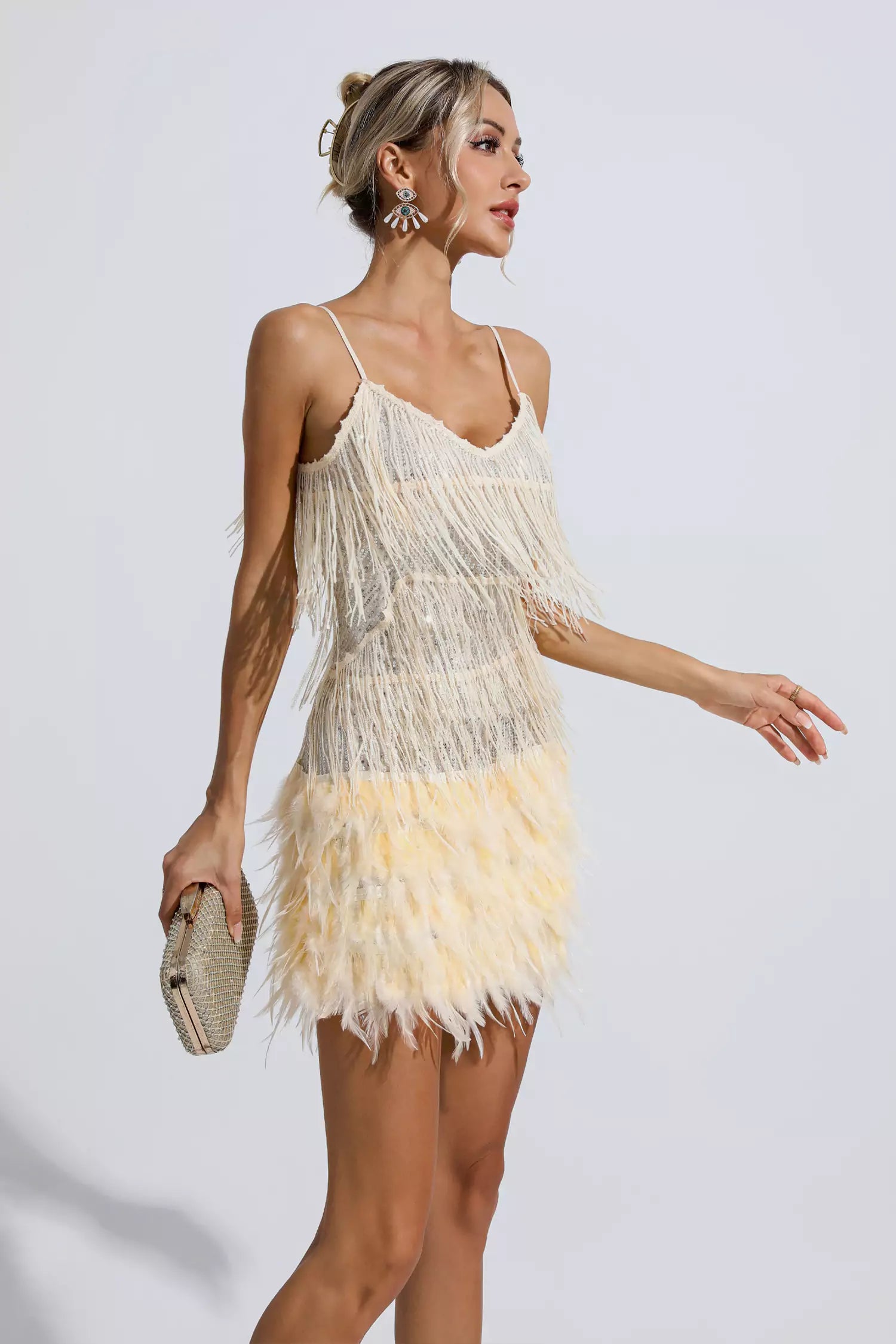 Lilliana Champagne Feather Tassel Sequin Mini Dress-CATCHALL