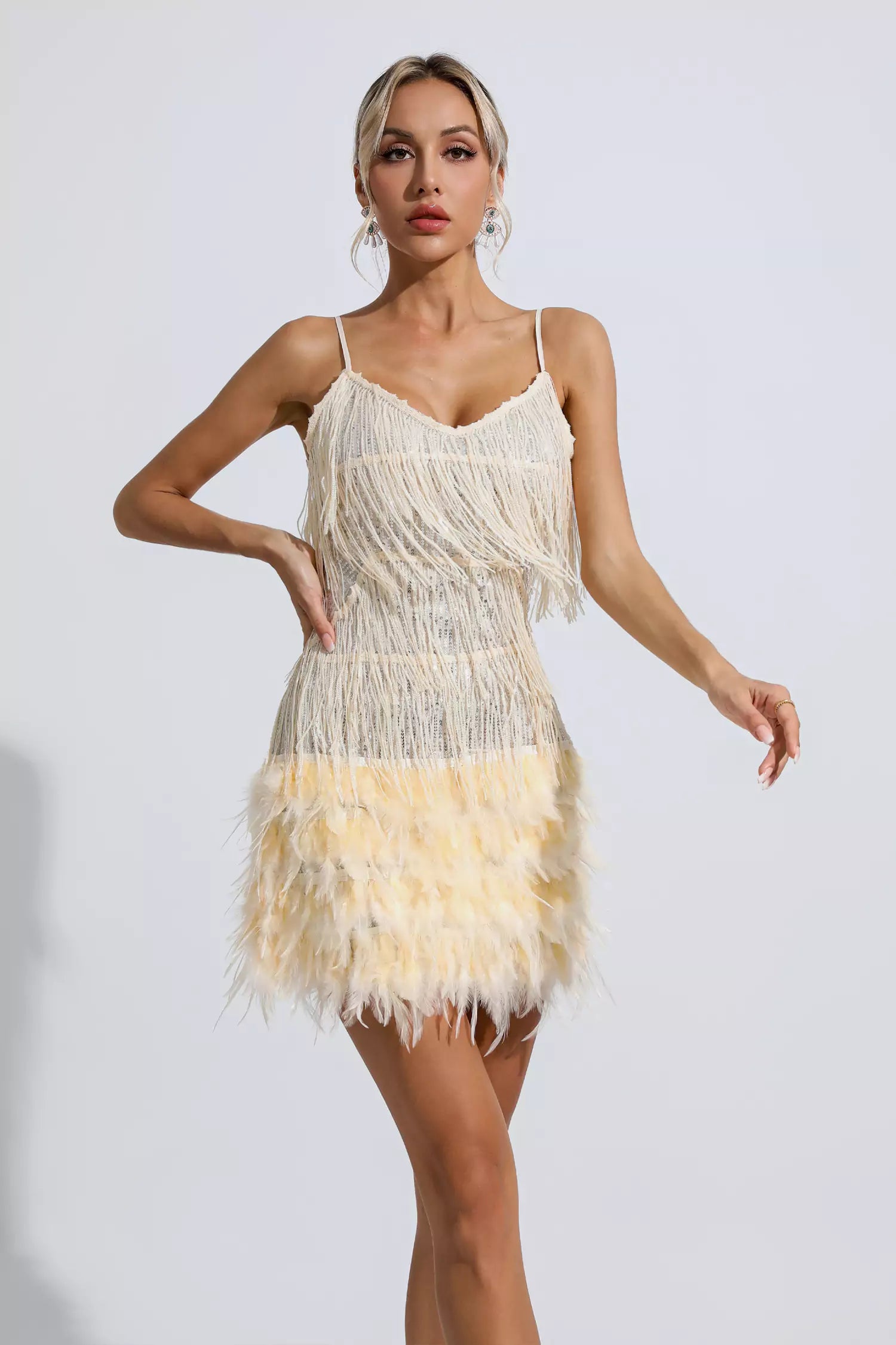 Lilliana Champagne Feather Tassel Sequin Mini Dress