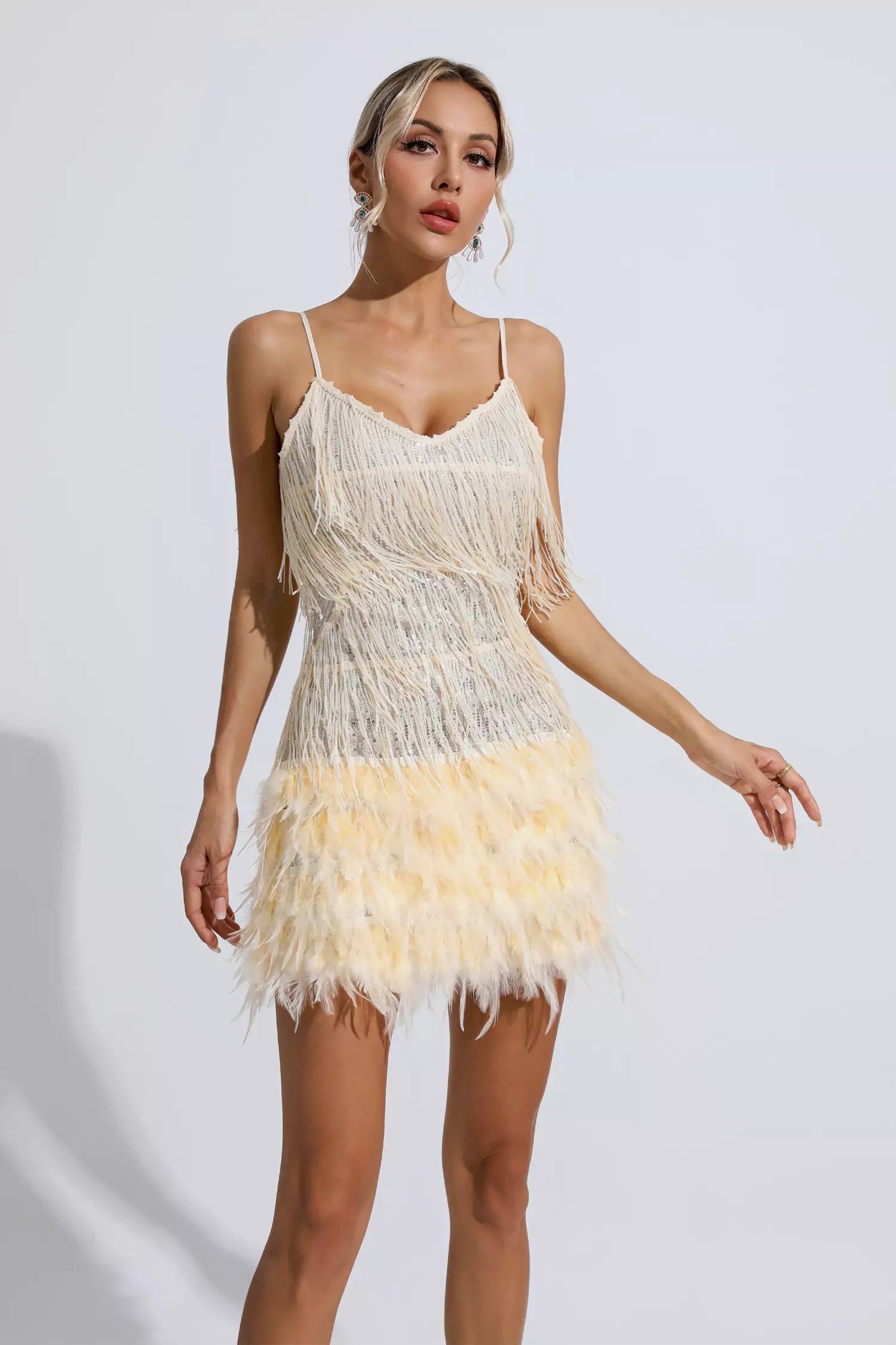 Lilliana Champagne Feather Tassel Sequin Mini Dress-CATCHALL