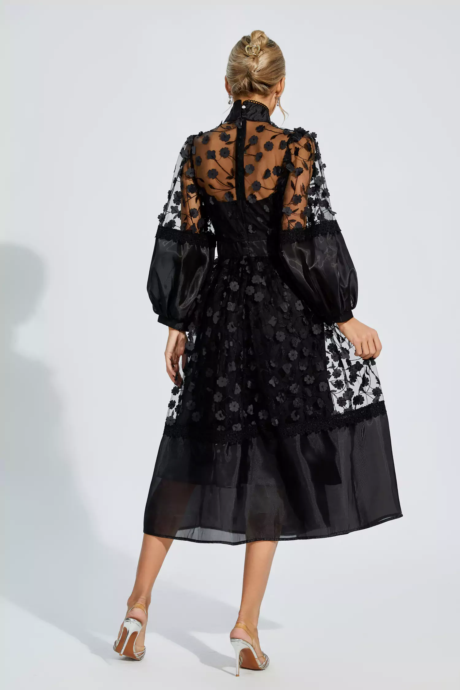 Lillie Black Mesh Flower Midi Dress-CATCHALL