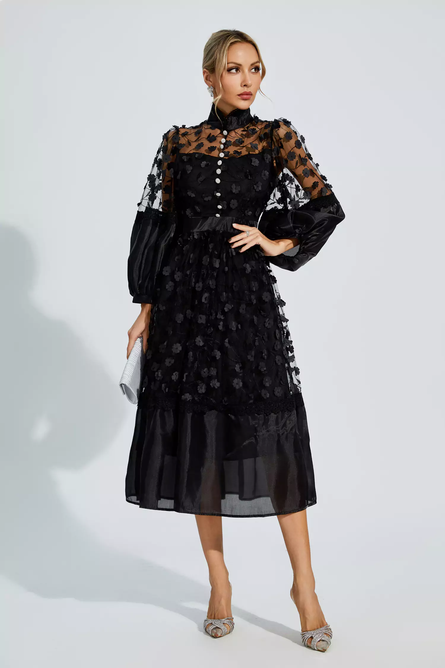 Lillie Black Mesh Flower Midi Dress-CATCHALL