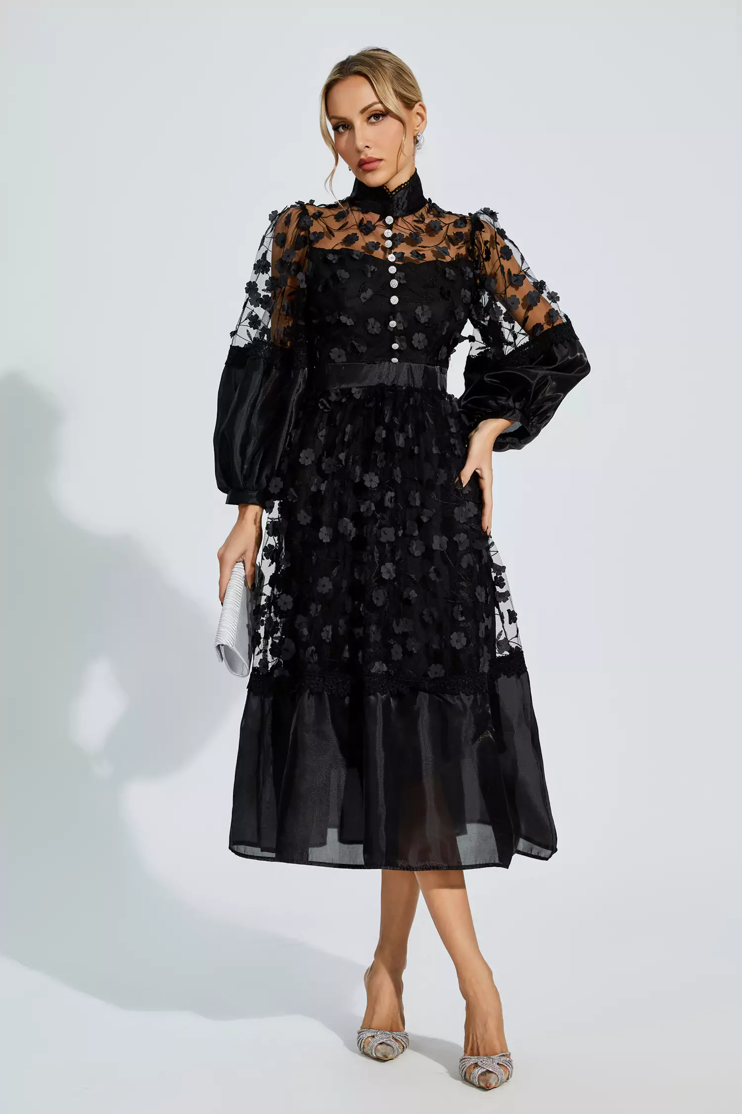 Lillie Black Mesh Flower Midi Dress-CATCHALL