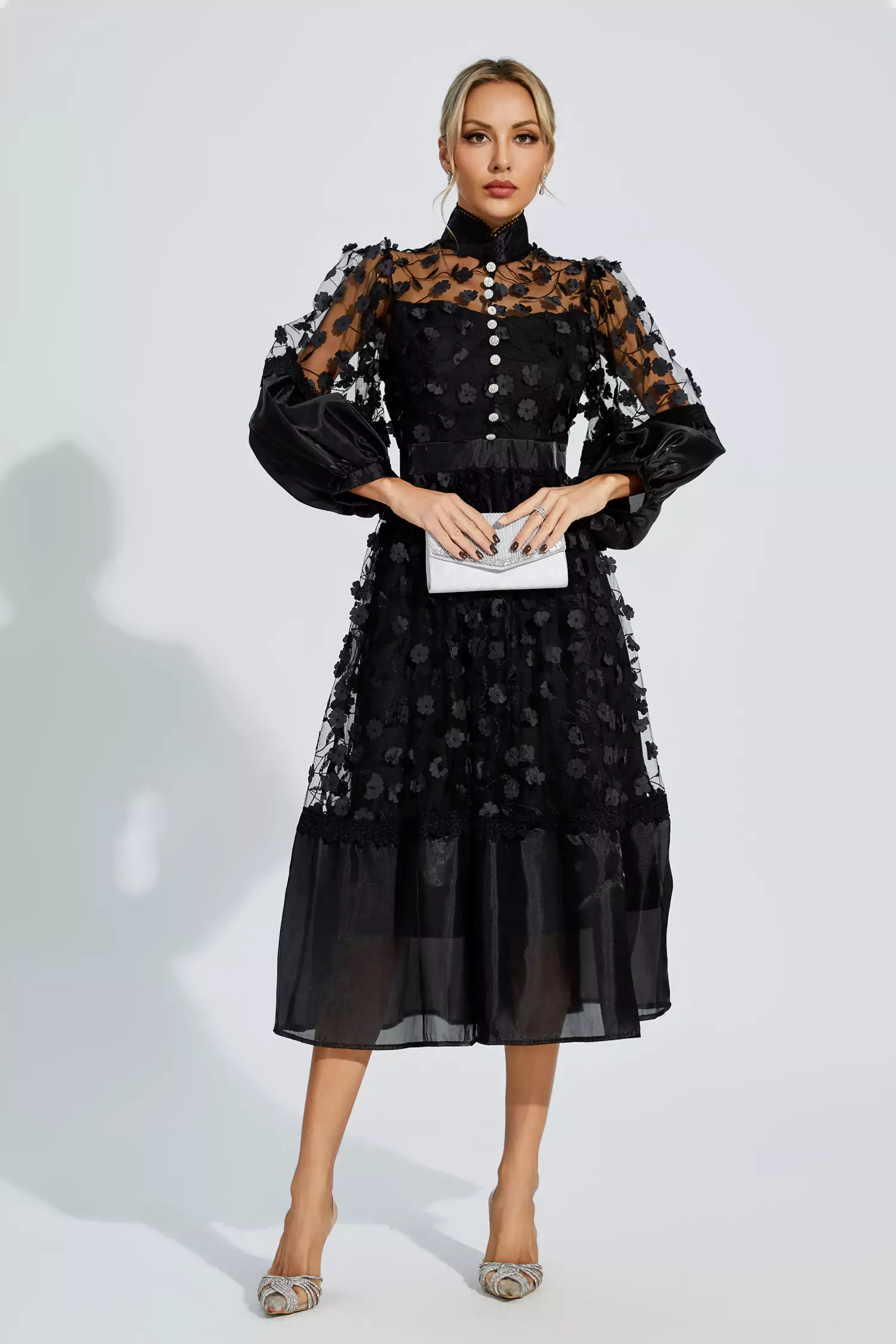 Lillie Black Mesh Flower Midi Dress-CATCHALL